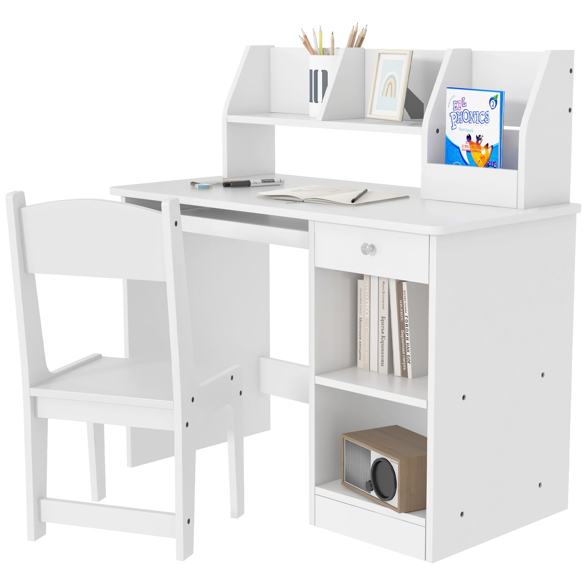 Qaba Kids Desk And Chair Set With Storage, Study Desk With Chair For Children 5 8 Years Old, Gray White Mdf