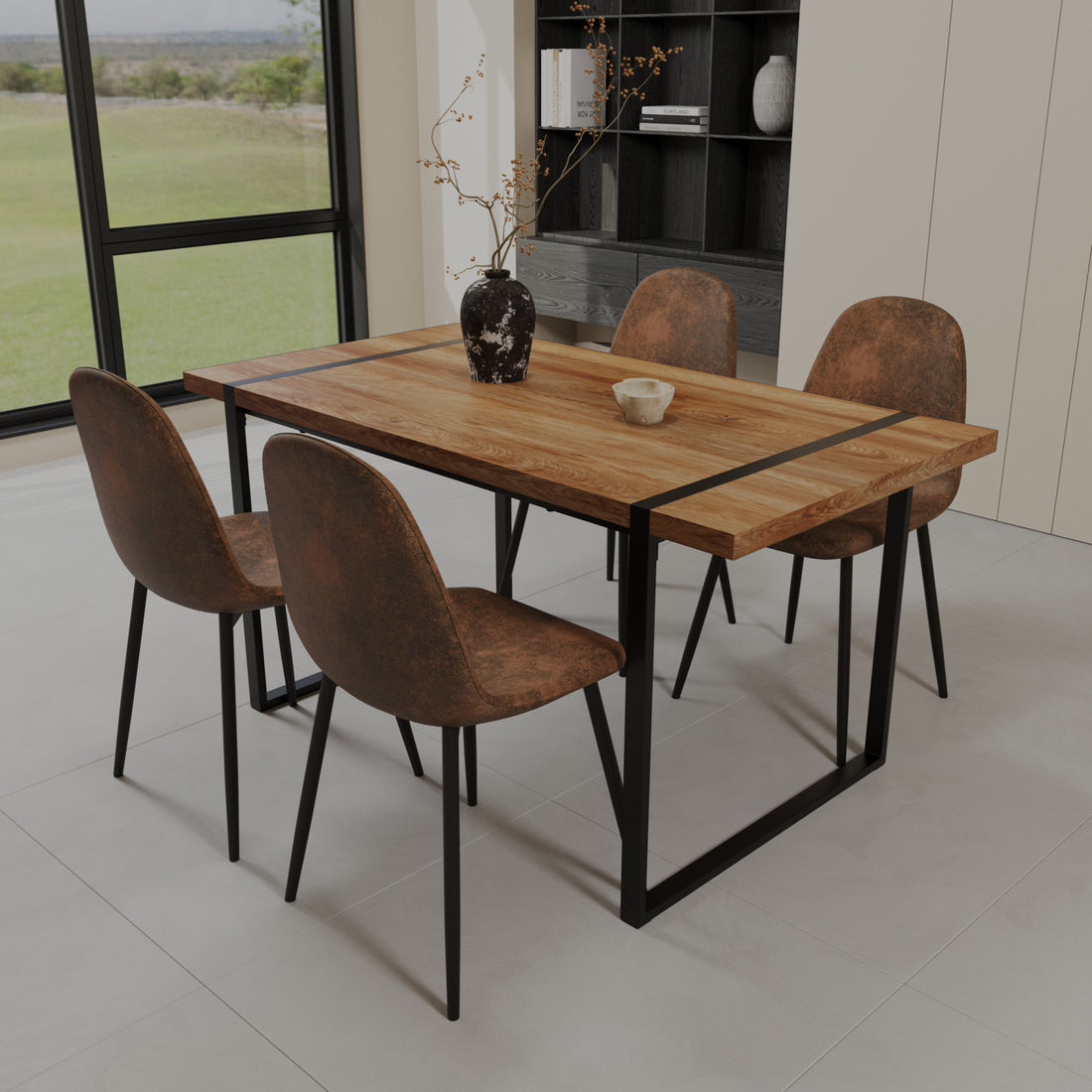 Mdf Natural Wood Dining Table And Modern Dining Chair Set Of 4 Pieces, Medieval Wooden Kitchen Dining Table Set, Black Rectangular Metal Base, Dining Table And Suede Chair Set Wood Mdf