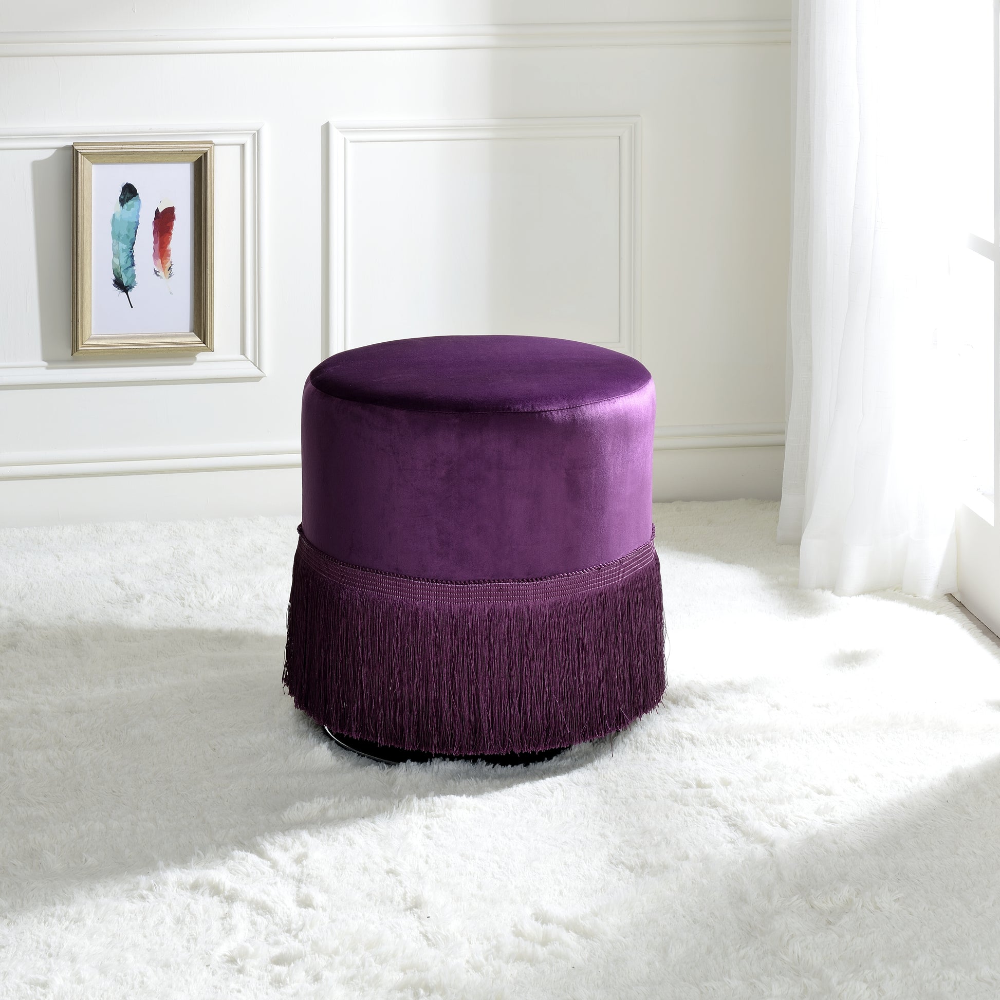 Purple Eggplant Round Ottoman With Fringe Purple Velvet