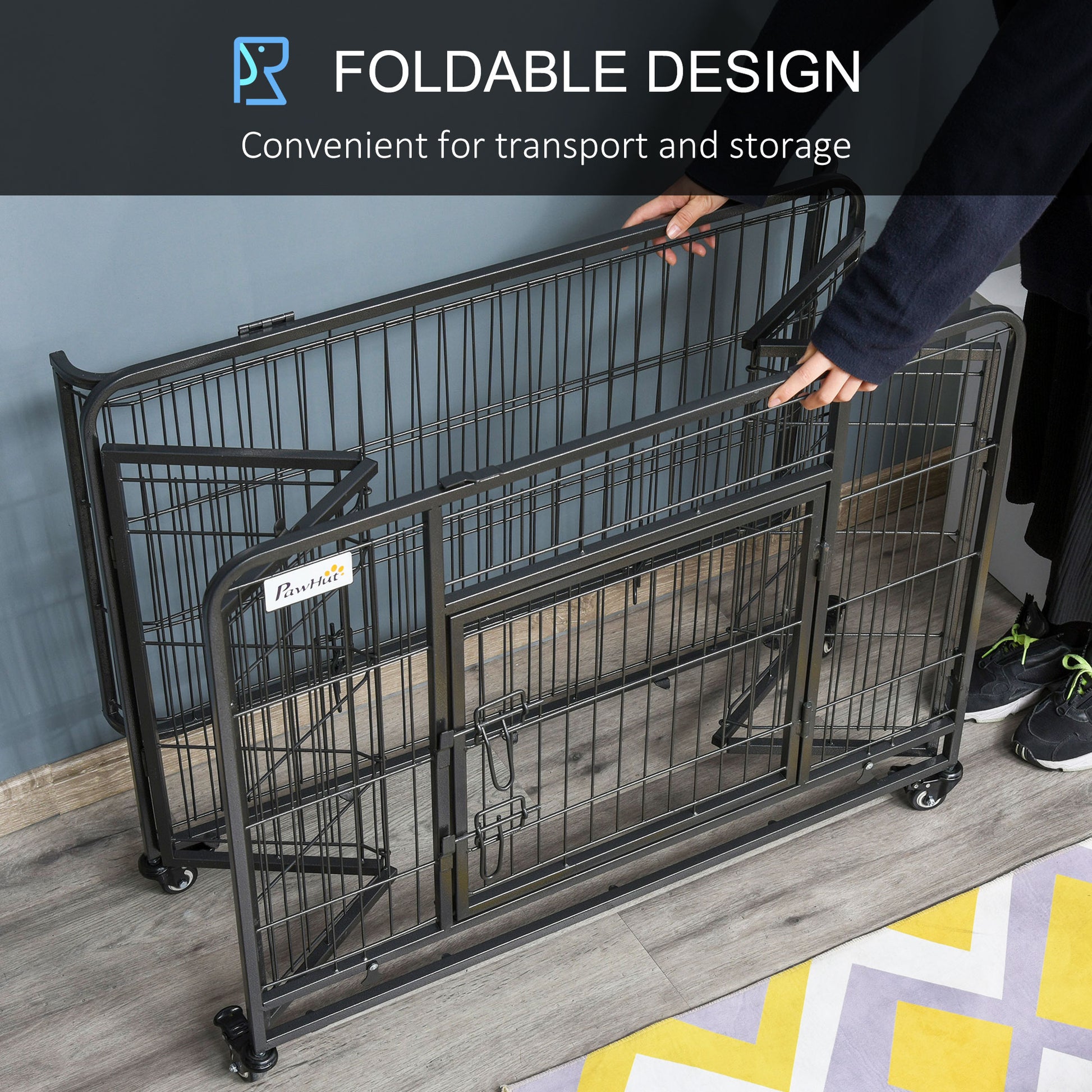 Pawhut Folding Design Heavy Duty Metal Dog Cage Crate & Kennel With Removable Tray And Cover, & 4 Locking Wheels, Indoor Outdoor 37" Dark Grey Metal