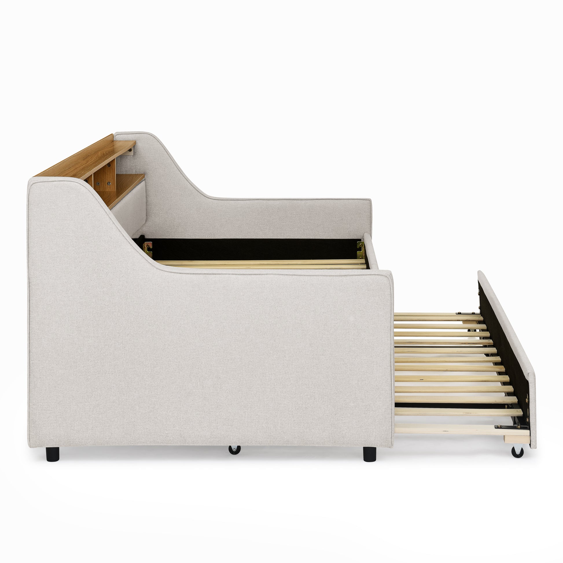 Twin Size Upholstery Sofa Bed With Three Led Lights, With Storage Adjustable Headboard, With Foldable Leg Pull Up Trundle Bed And Wireless Charging, Linen Padded Sofa Bed Frame, Beige Box Spring Not Required Twin Beige Composite Bedroom Classic