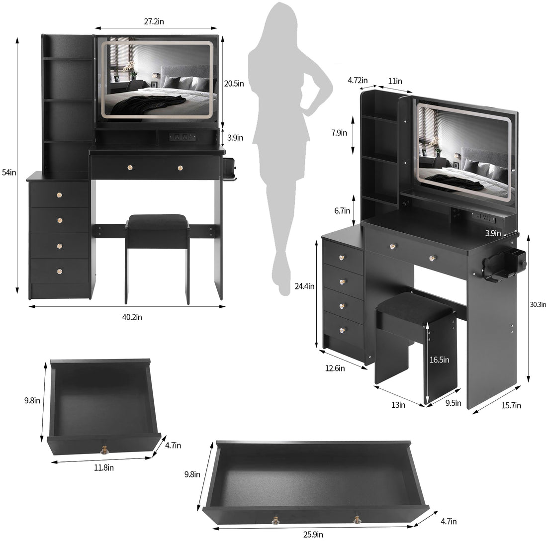 41" Large Size Left Bedside Cabinet Vanity Table Cushioned Stool Dresser Set, 2 Ac 2 Usb Power Station, Hair Dryer Stand, Extra Large Touch Control Led Mirror, 3 Color Switch, Epa, Gcc, Ul