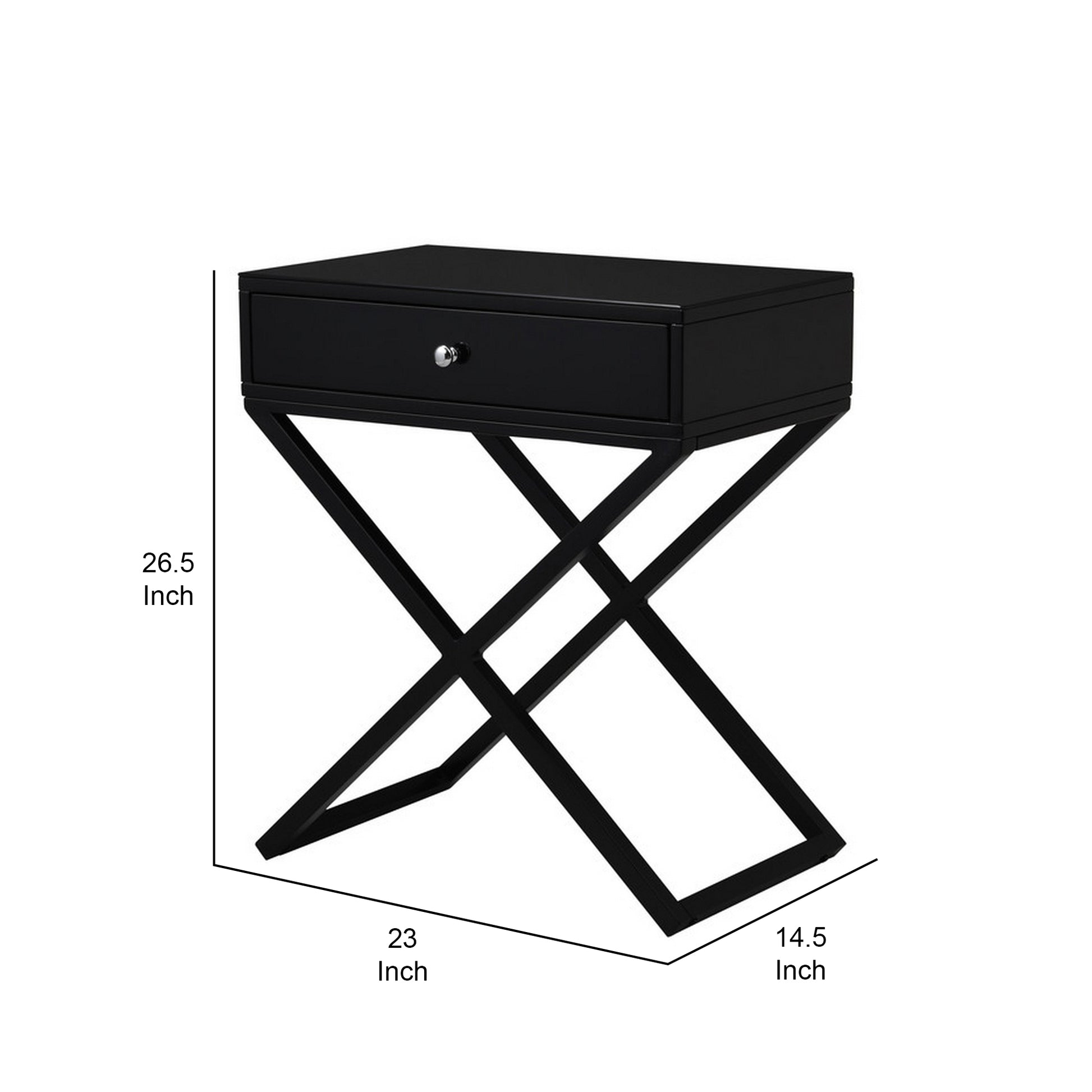 Zeno 27 Inch 1 Drawer Nightstand, Glass Top, Metal Cross Legs, Modern Black Black Silver Mdf Metal