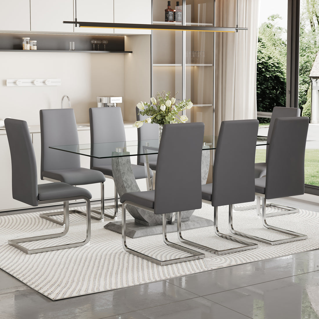 Table And Chair Set, Large Modern Rectangular Glass Table, Can Accommodate 6 8 People, Equipped With A 0.39 Inch Tempered Glass Tabletop And Large Mdf Table Legs, Comfortable And Soft Chairs. Transparent Mdf Glass