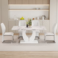 Table And Chair Set, Modern Luxurious White Imitation Marble Pattern Mdf Dining Table,Rectangular Dining Table, Matched With Uniquely Shaped Pu High Backrest Seats,Suitable For Various Occasions. White Seats 4 Mdf