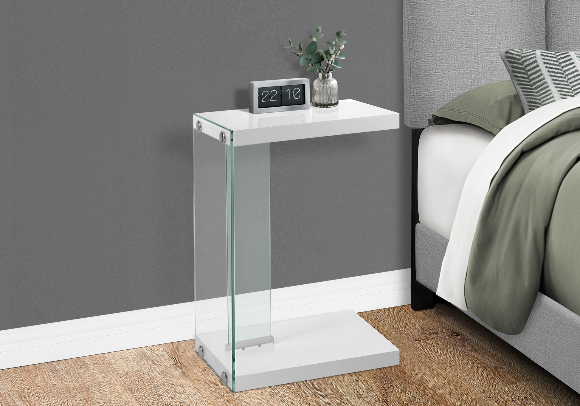 Accent Table, C Shaped, End, Side, Snack, Living Room, Bedroom, Glossy White Laminate, Clear Tempered Glass, Contemporary, Modern White Particle Board