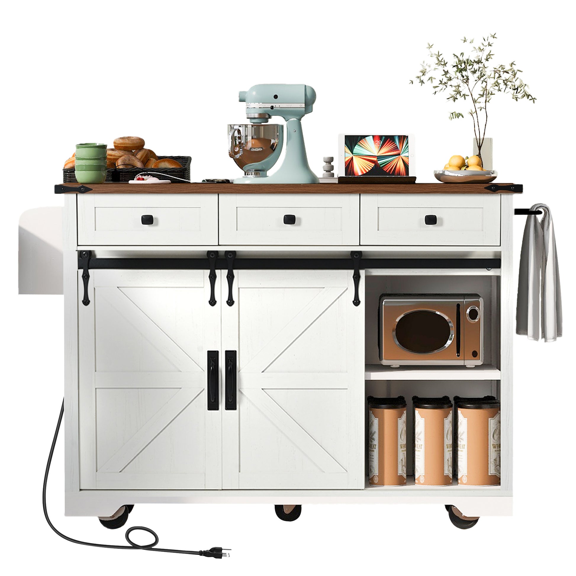 K&K 53.7" Farmhouse Kitchen Island With Power Outlet, 2 Sliding Barn Door Kitchen Storage Island With Drop Leaf, Spice Rack Rolling Kitchen Cart On Wheels, For Home, Kitchen And Dining Room, White