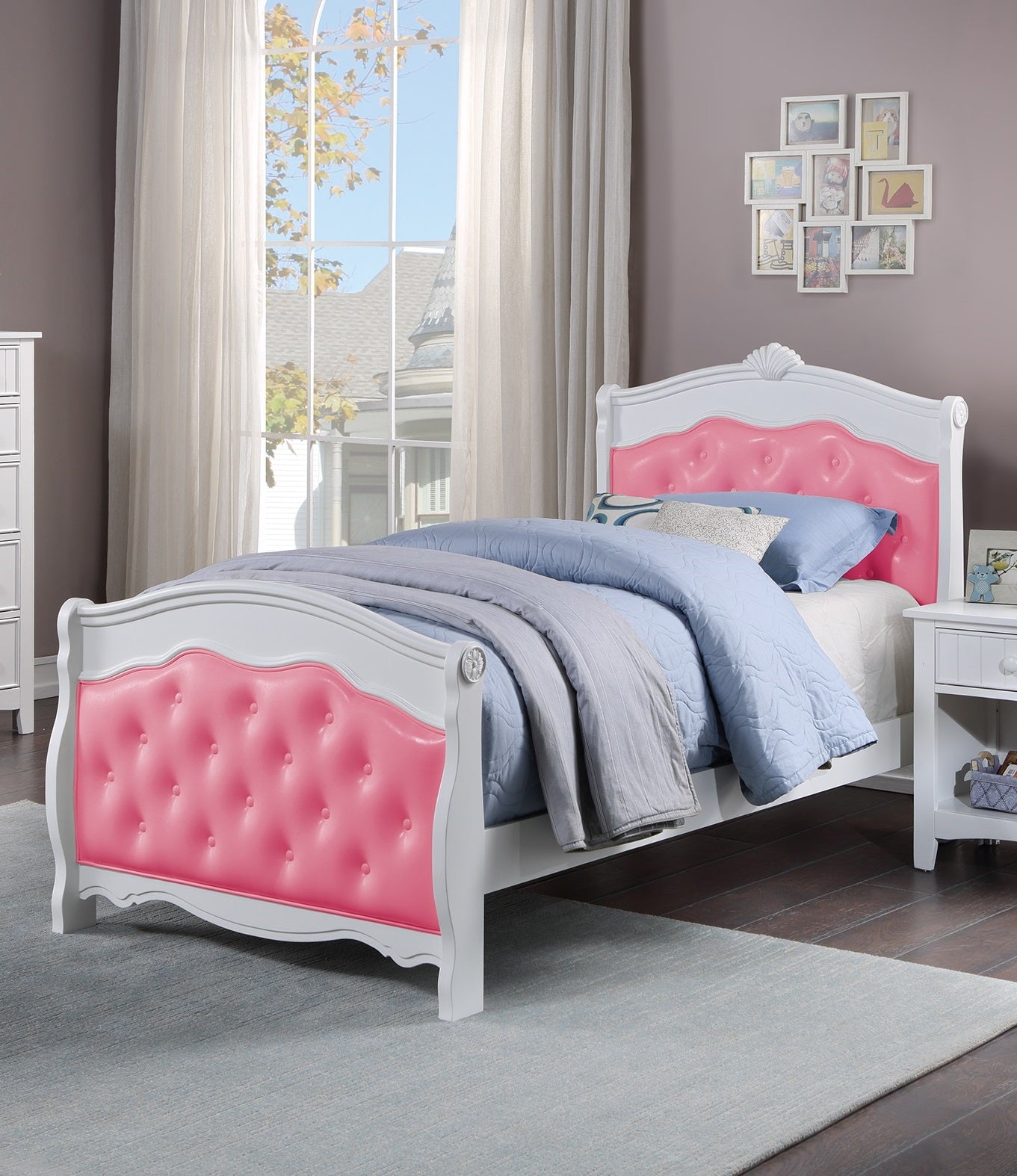 White Twin Size Bed Youth Bedroom Furniture Pink Faux Leather Headboard Footboard Plywood 1Pc Bedframe Box Spring Required Twin Pink White Wood Bedroom Classic,Traditional Pine Bed Frame Faux Leather Plywood