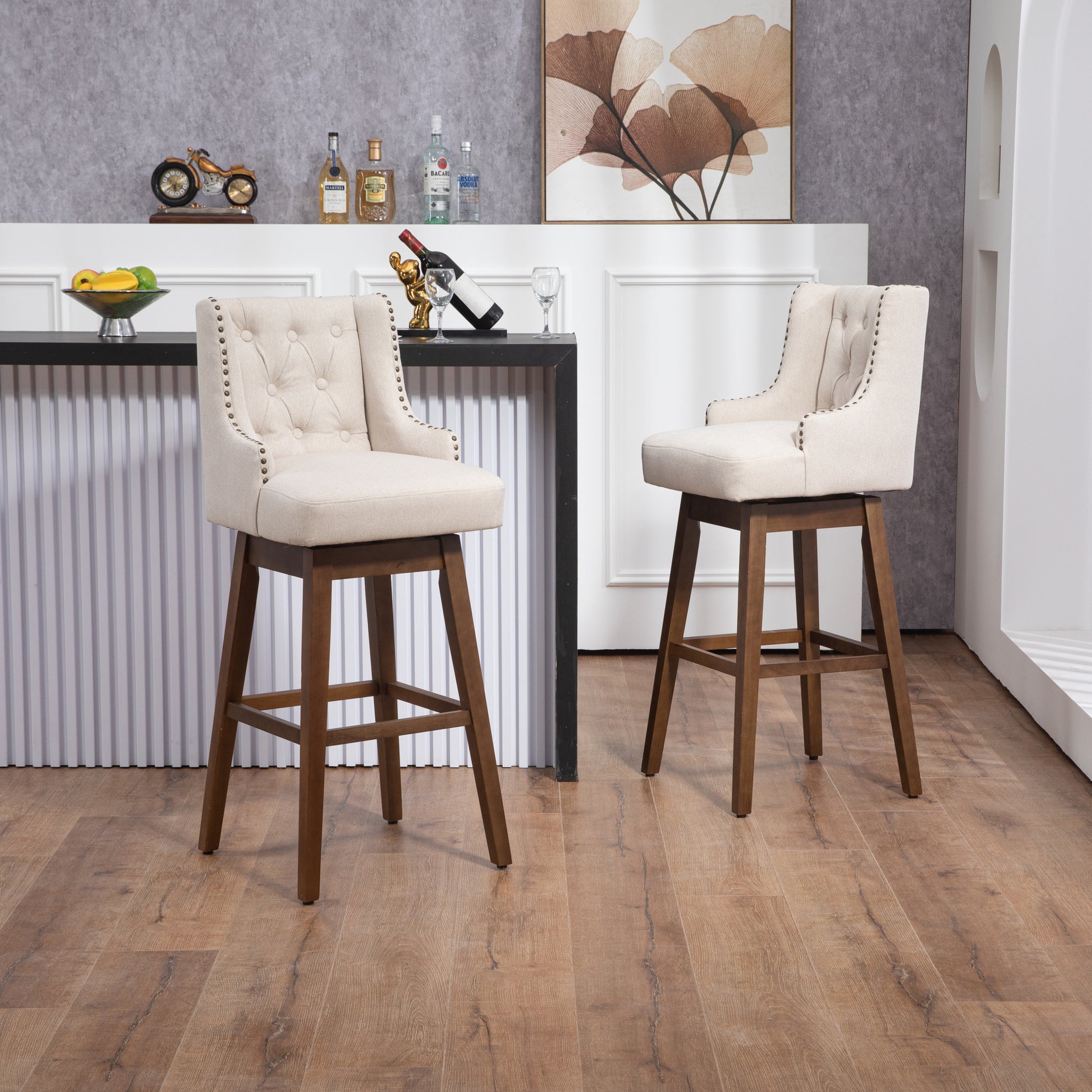 Coolmore Bar Stools Set Of 2 Counter Height Chairs With Footrest For Kitchen, Dining Room And 360 Degree Solid Wood Legs Swivel Bar Stools Set Of 2 Beige Linen Beige Foam Linen