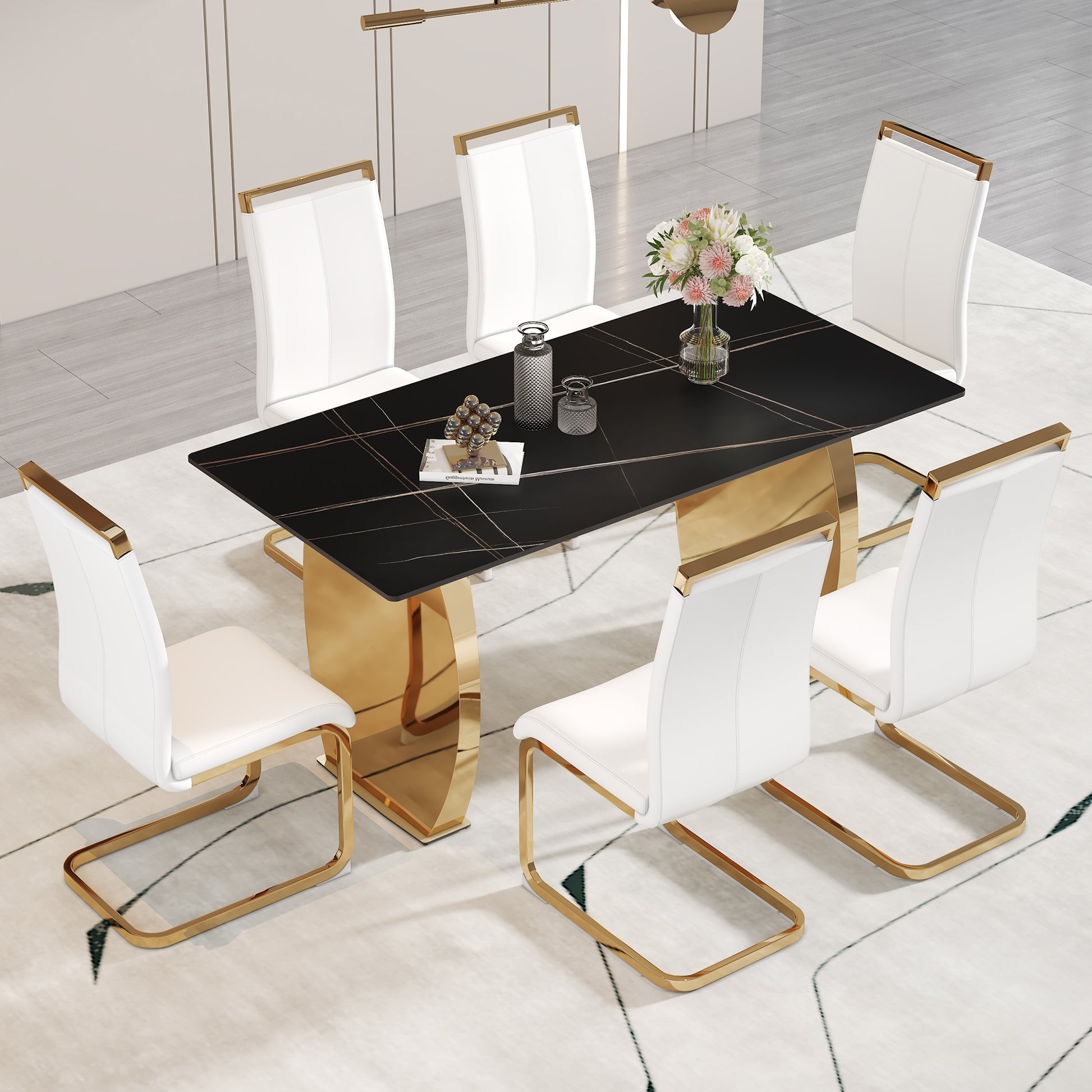 Table And Chair Set,Modern Rectangular Table With 0.4 Inch Black Patterned Tabletop And Gold Legs, Suitable For Kitchen, Dining Room, And Living Roomcomfortable Pu Seats,Perfect For Dinner, Meet White Black Seats 6 Sintered Stone