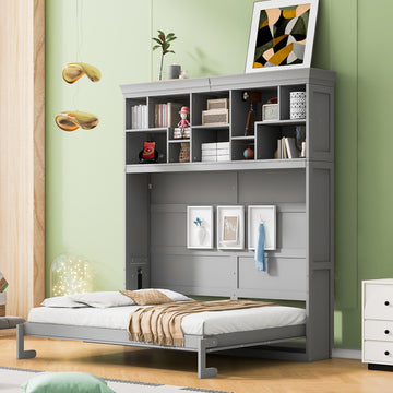 Queen Size Murphy Bed Wall Bed With Top Shelves & Usb,Gray Queen Gray Plywood
