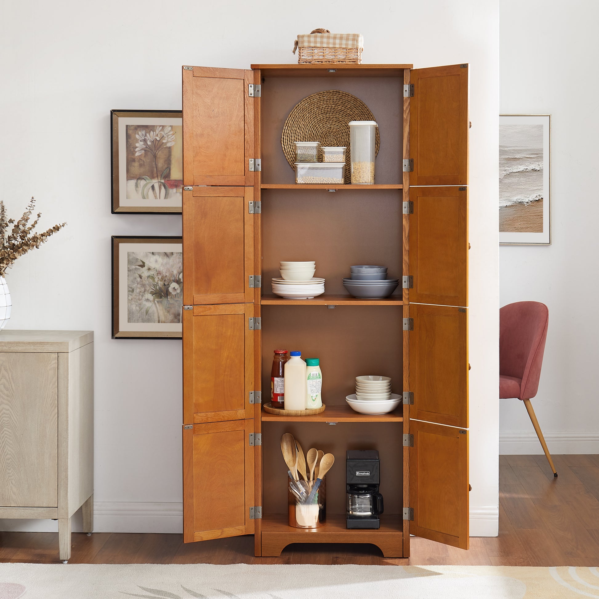 72.4" Tall Storage Cabinet Tall Storage Cabinet With 8 Doors And 4 Shelves ,Bookshelf Living Room, Kitchen, Dining Room, Office Freestanding Storage Cabinet,Oak Oak Mdf