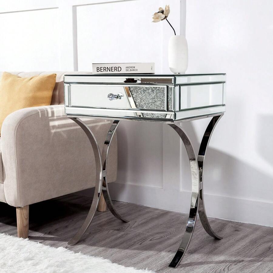 24" Tall Mirrored Nightstand 1 Drawer Metal Cross Legs Silver 1 Drawer Bedroom Bedside Cabinet Modern Mirrored Mirrored Mdf Metal,Mirror