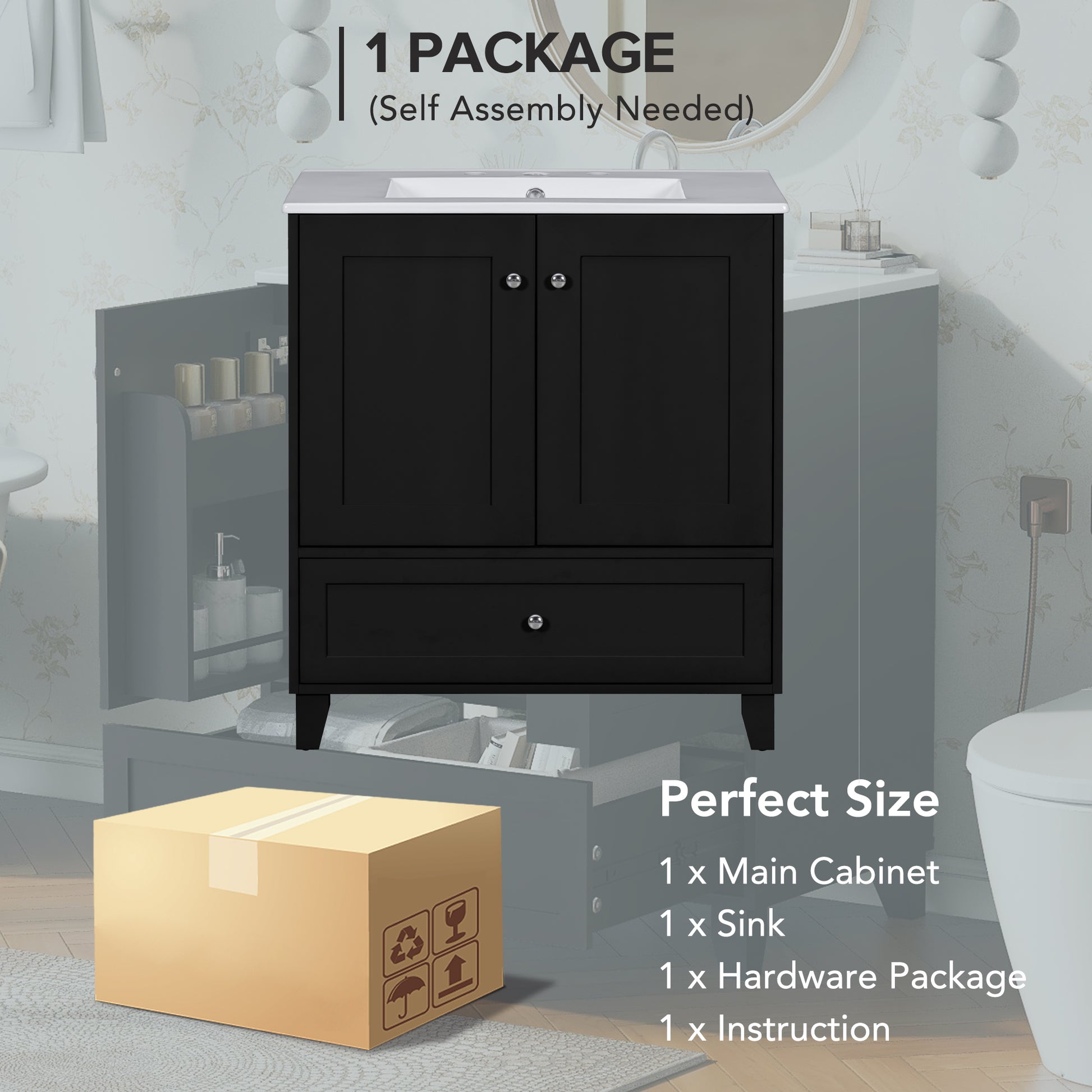 30" Black Bathroom Vanity Set With Ceramic Sink And Large Storage Space Ideal For Small Bathrooms Black Bathroom Solid Wood Mdf