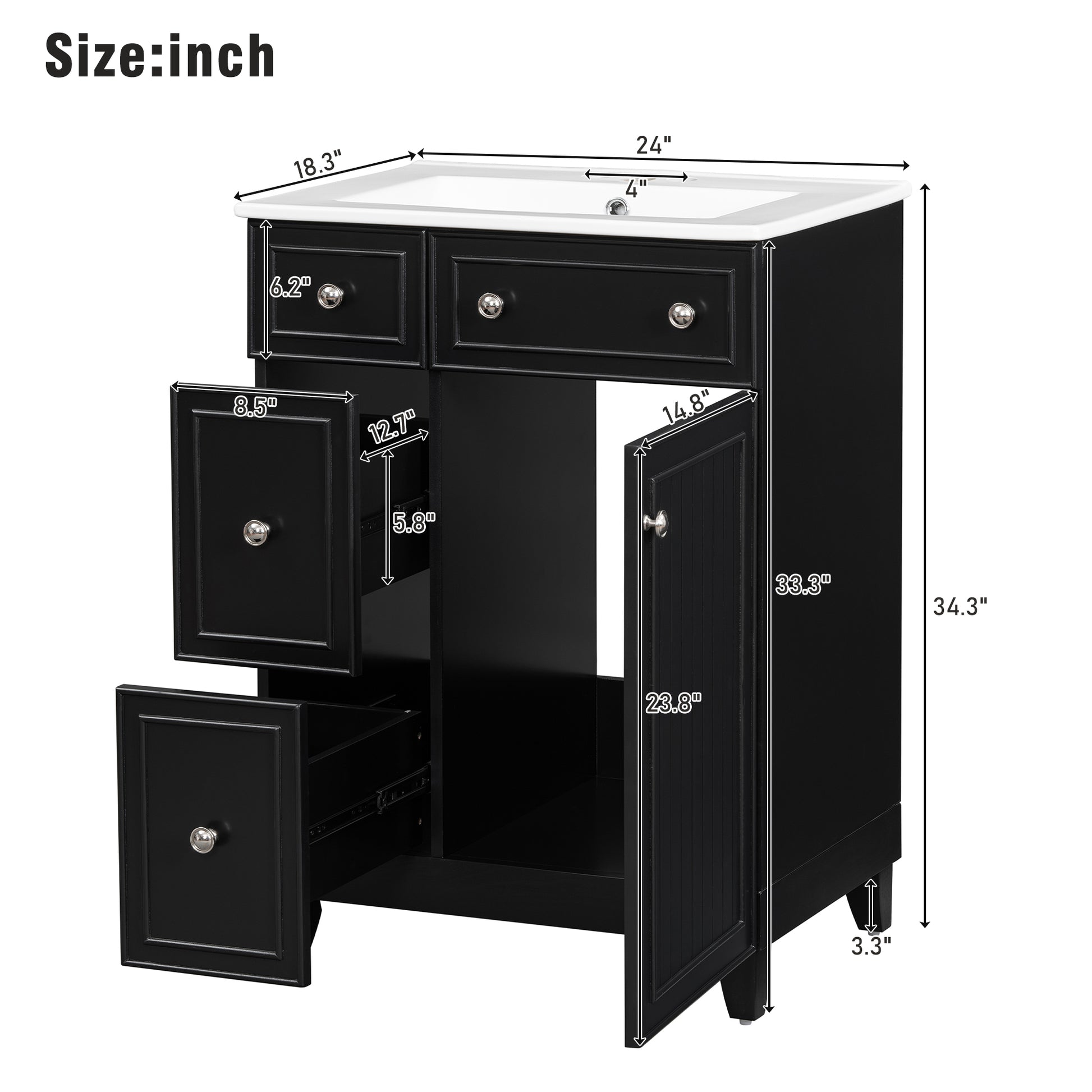 24 Inch Bathroom Vanity Cabinet With Ceramic Sink, 2 Drawers, 1 Door Black Bathroom Solid Wood Mdf