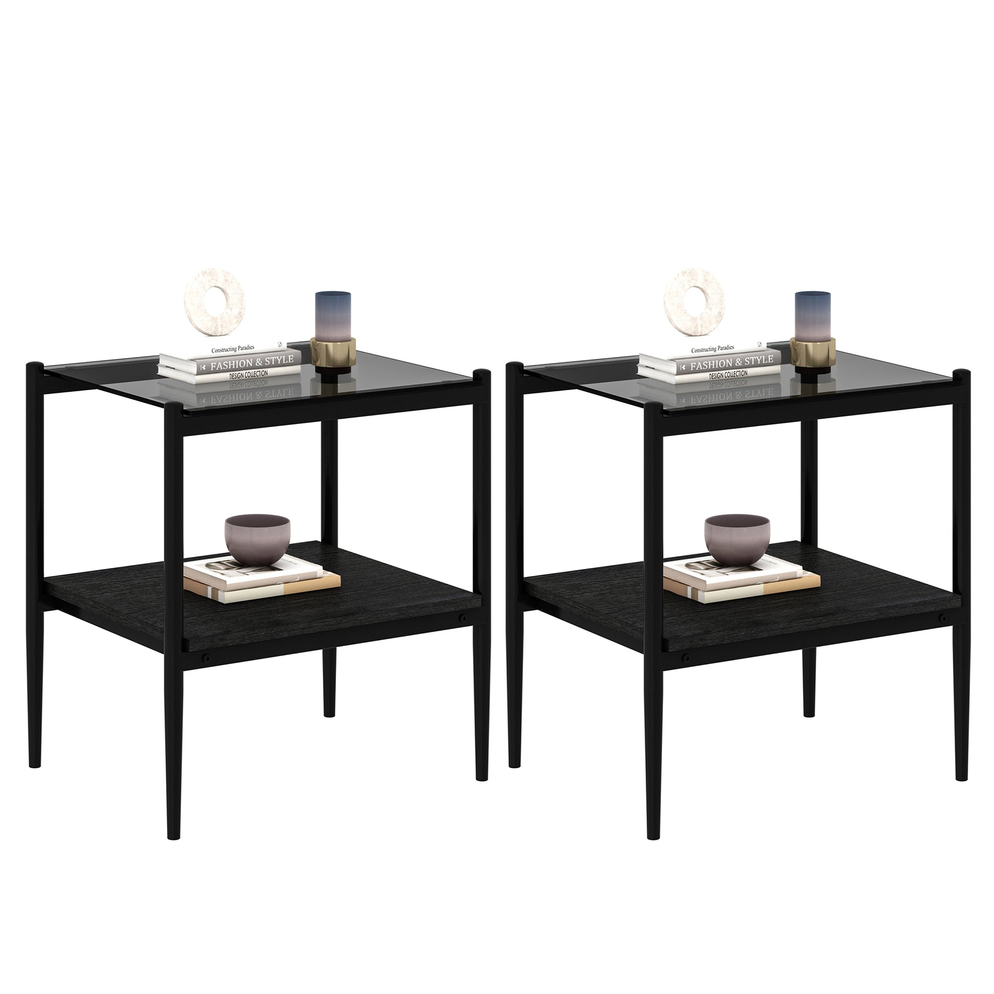 Set Of 2 Rectangle End Table, Tempered Glass Tabletop With Mdf Layer, Modern Table For Living Roomgray Glass Gray Tempered Glass