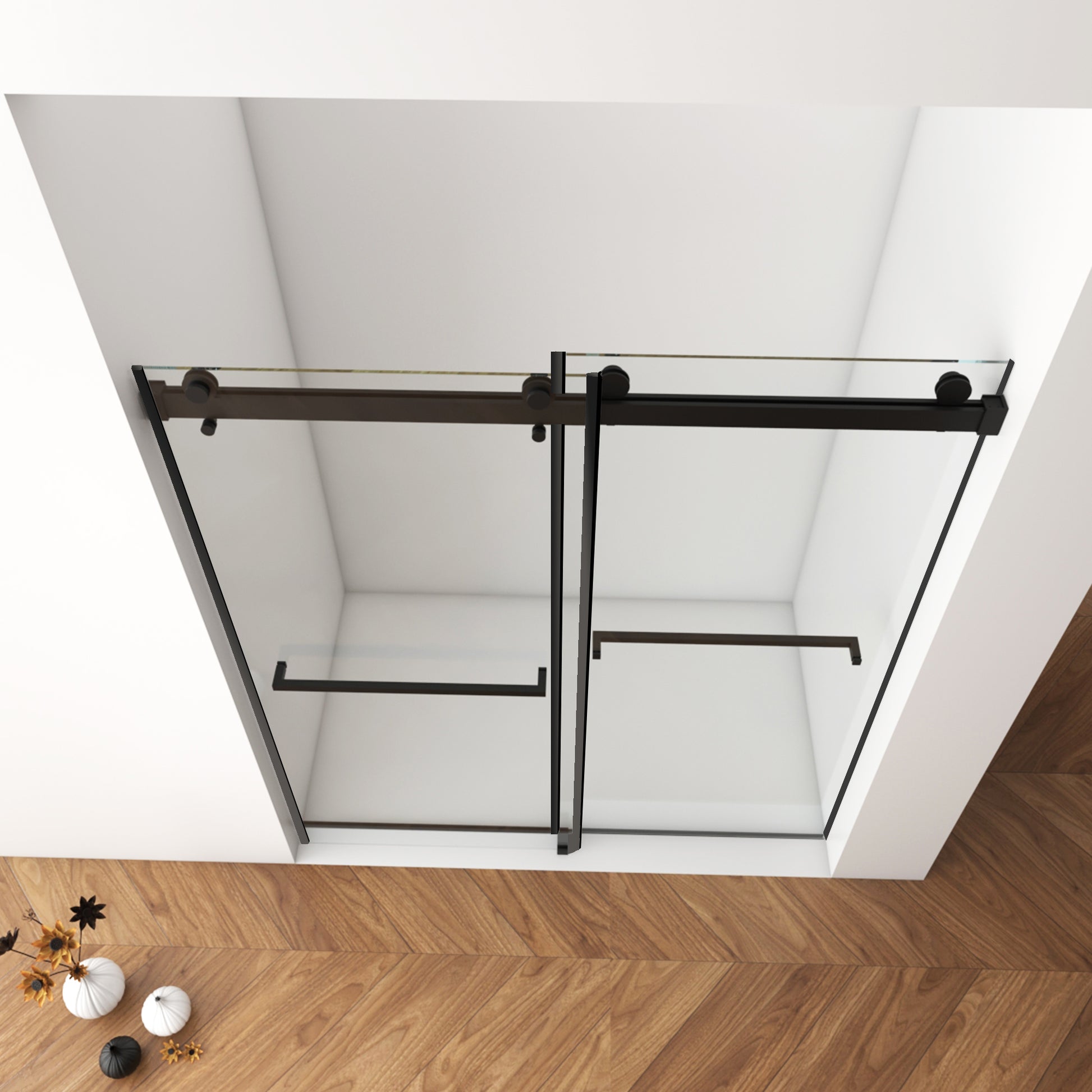 56" 60"W X 76"H Frameless , Double Sliding , 3 8'' 10Mm Clear Tempered Glass Shower Enclosure With Square Rail,Double Side Easy Clean Coat,Matte Black Finished With Buffer Matte Black Bathroom American Design Stainless Steel