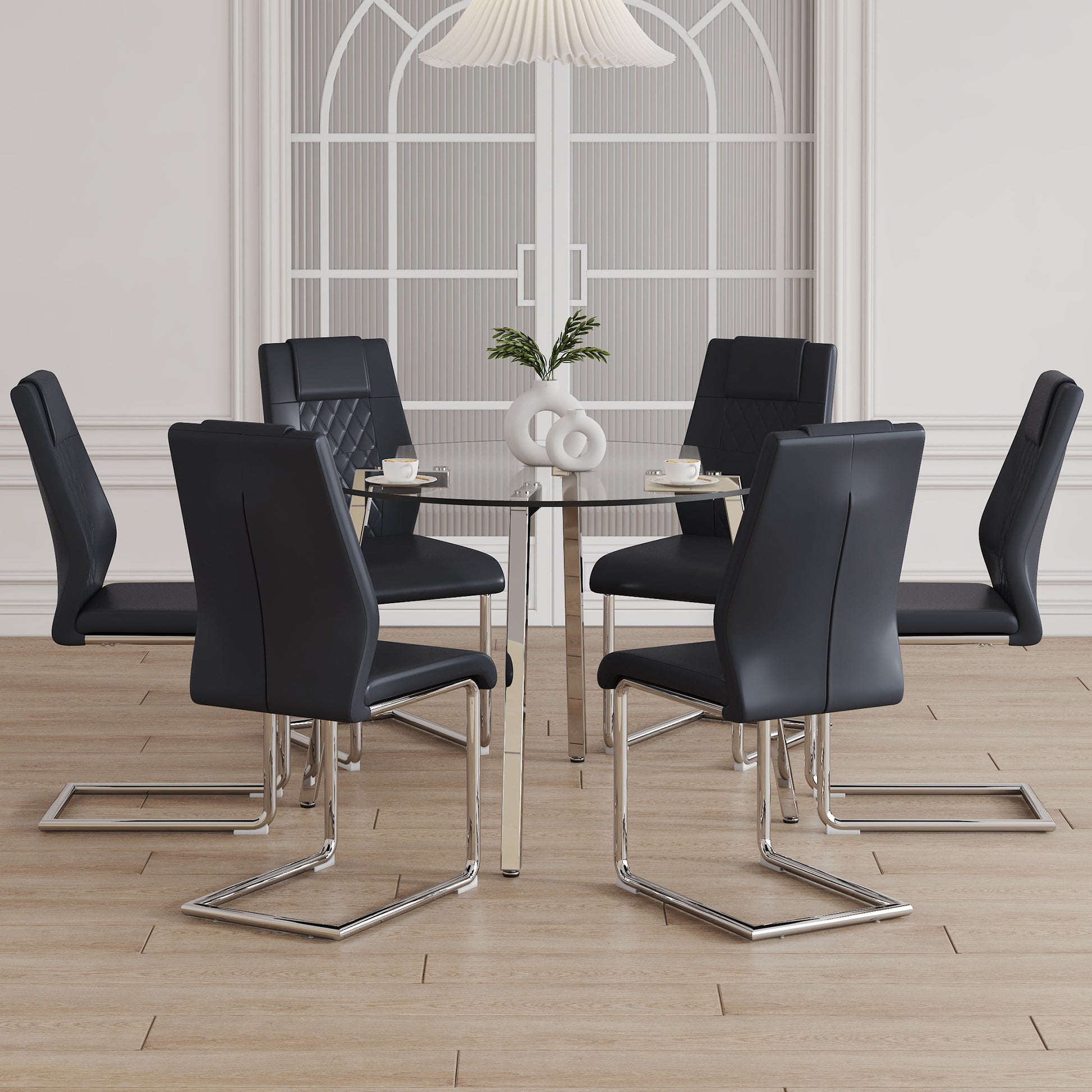 Table And Chair Set.A Modern Minimalist Style Round Clear Tempered Glass Table With Silver Metal Legs.Paried With 6 Chairs With Modern Pu Leather High Back Upholstered And C Tube Chrome Legs. Black,Silver Seats 6 Glass Metal