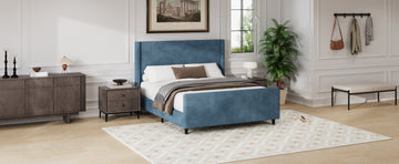 50.7'' High Headboard Corduroy Upholstered Bed Frame With Vertical Stripe Wingback And High Footboard No Box Spring Needed, Queen Size, Blue Box Spring Not Required Queen Blue Wood Bedroom Modern