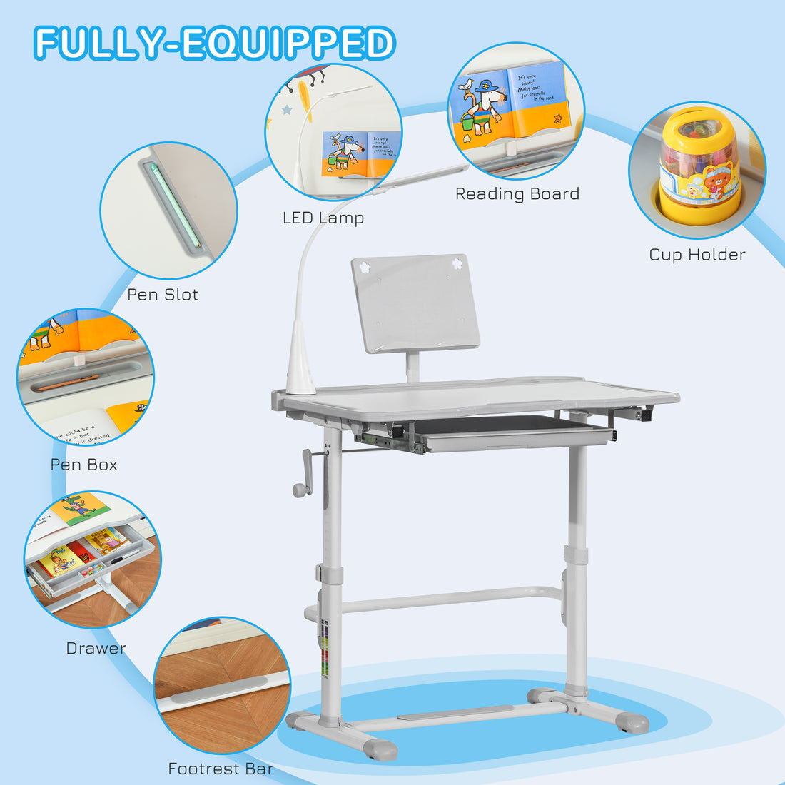 Qaba Kids Desk And Chair Set, Height Adjustable School Study Table And Chair, Student Writing Desk With Tilt Desktop, Led Light, Pen Box, Drawer, Reading Board, Cup Holder, And Pen Slots, Grey Grey