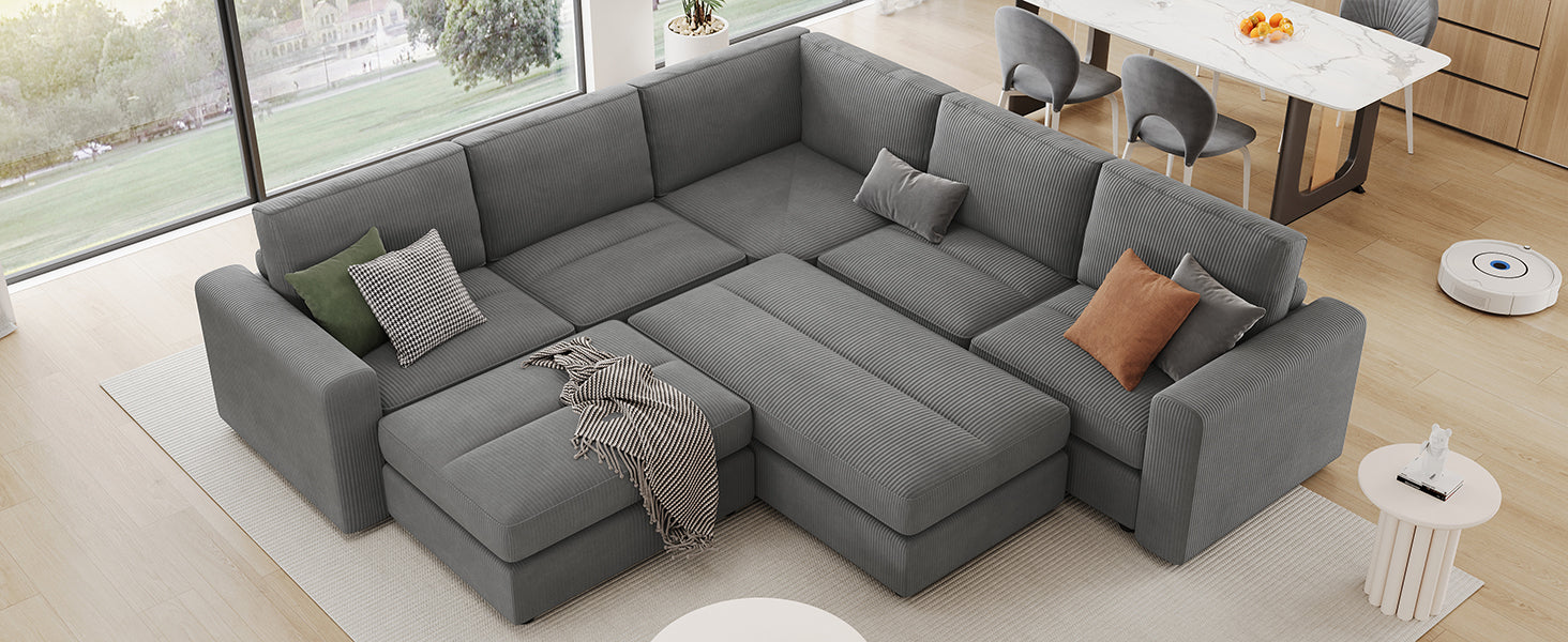 121.3" Sectional Couch Sofa Bed Modular Sofa With Two Movable Ottomans For Living Room Old Sku:N719S001640E , Gray Gray Foam Corduroy 7 Seat