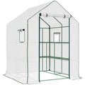 Outsunny 4.6' X 4.7' Portable Greenhouse, Water Uv Resistant Walk In Small Outdoor Greenhouse With 2 Tier U Shaped Flower Rack Shelves, Roll Up Door & Windows, White White Steel
