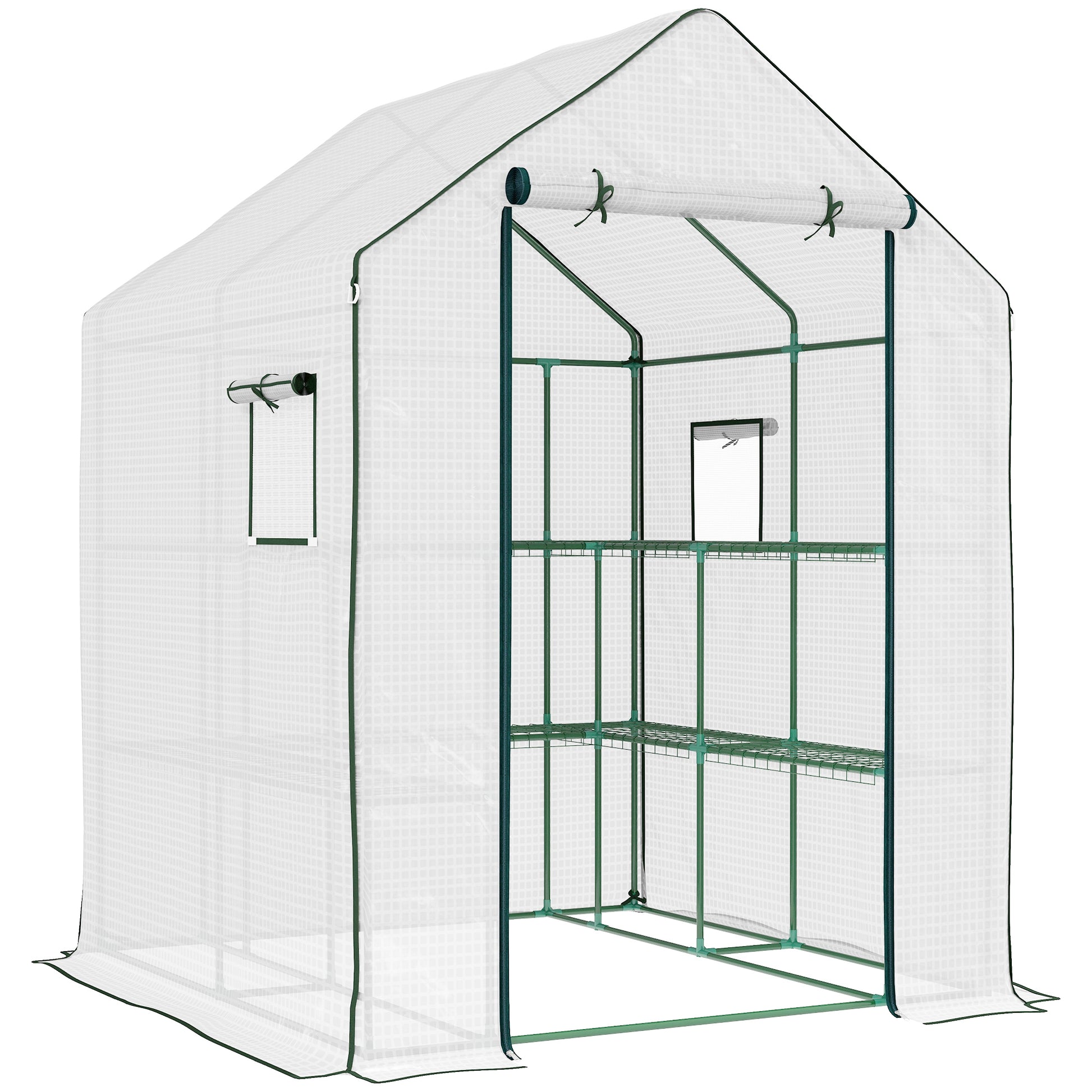 Outsunny 4.6' X 4.7' Portable Greenhouse, Water Uv Resistant Walk In Small Outdoor Greenhouse With 2 Tier U Shaped Flower Rack Shelves, Roll Up Door & Windows, White White Steel