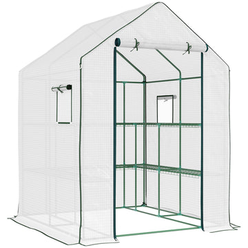 Outsunny 4.6' X 4.7' Portable Greenhouse, Water Uv Resistant Walk In Small Outdoor Greenhouse With 2 Tier U Shaped Flower Rack Shelves, Roll Up Door & Windows, White White Steel
