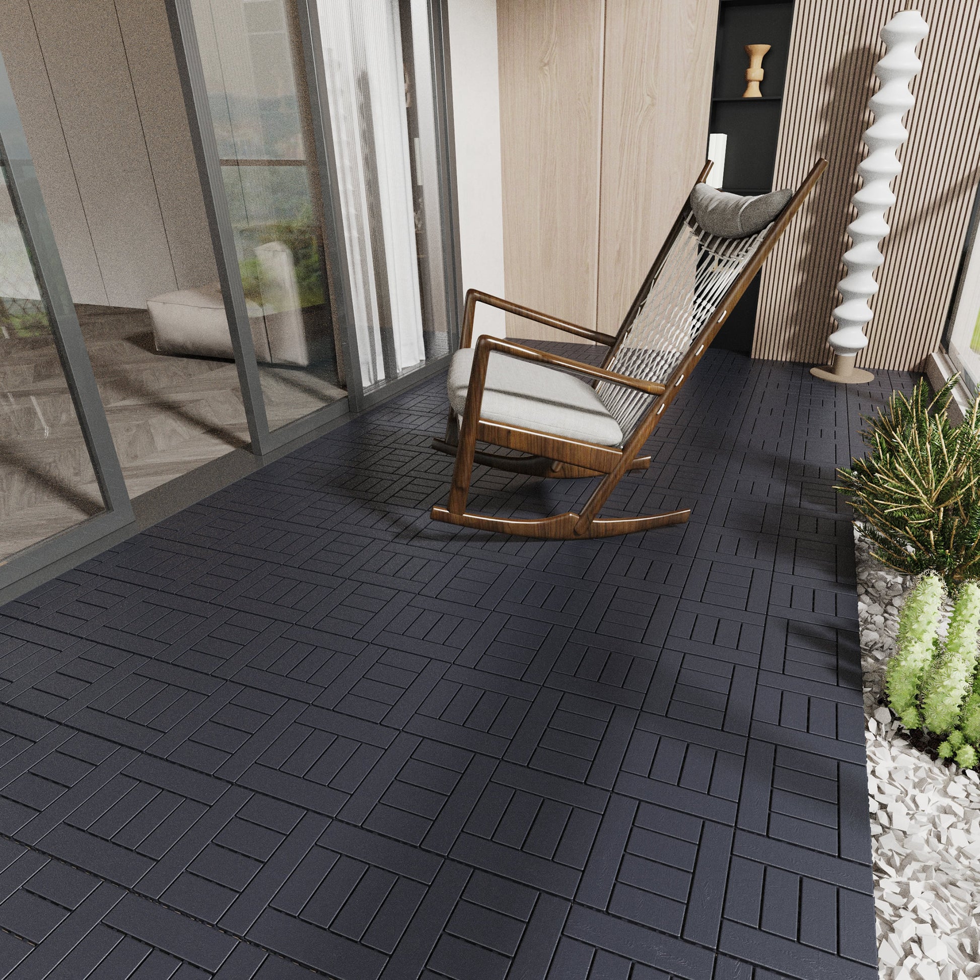 H Style 12" Patio Deck Tiles, Diy Module Interlocking Decking Tiles Floor Tile,Easy And Quick Installation Court Tiles For Porch Poolside Balcony Backyard 44Pcs Dark Gray Grey Polypropylene