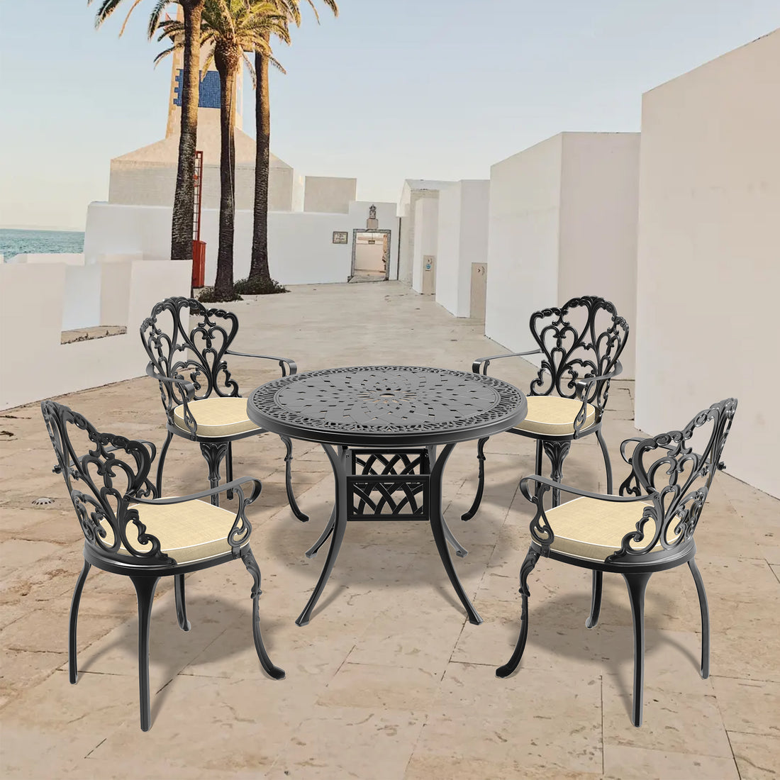 Cushions In Random Colors 5 Piece Set Of Cast Aluminum Patio Furniture With Cushions Yes Dining Set Black Seats 4 Rust Resistant Frame Water Resistant Cushion Garden & Outdoor Complete Patio Sets