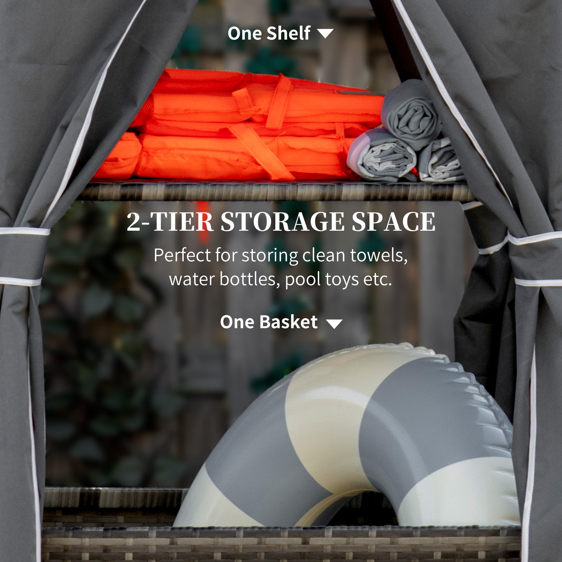 Outsunny Outdoor Towel Valet Caddy, Covered Poolside Towel Holder Rack, Shelf, Basket, Rolling Pe Rattan Wicker Storage On Wheels, Gray Gray Steel