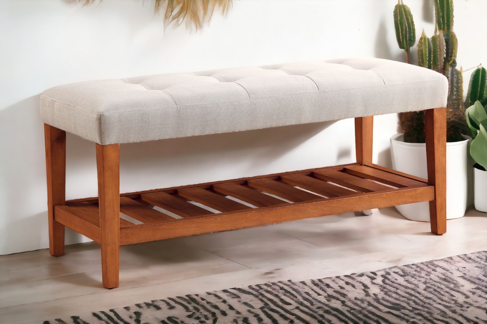 Charla Light Gray Fabric & Oak Finish Bench Gray Fabric,Synthetic Wood