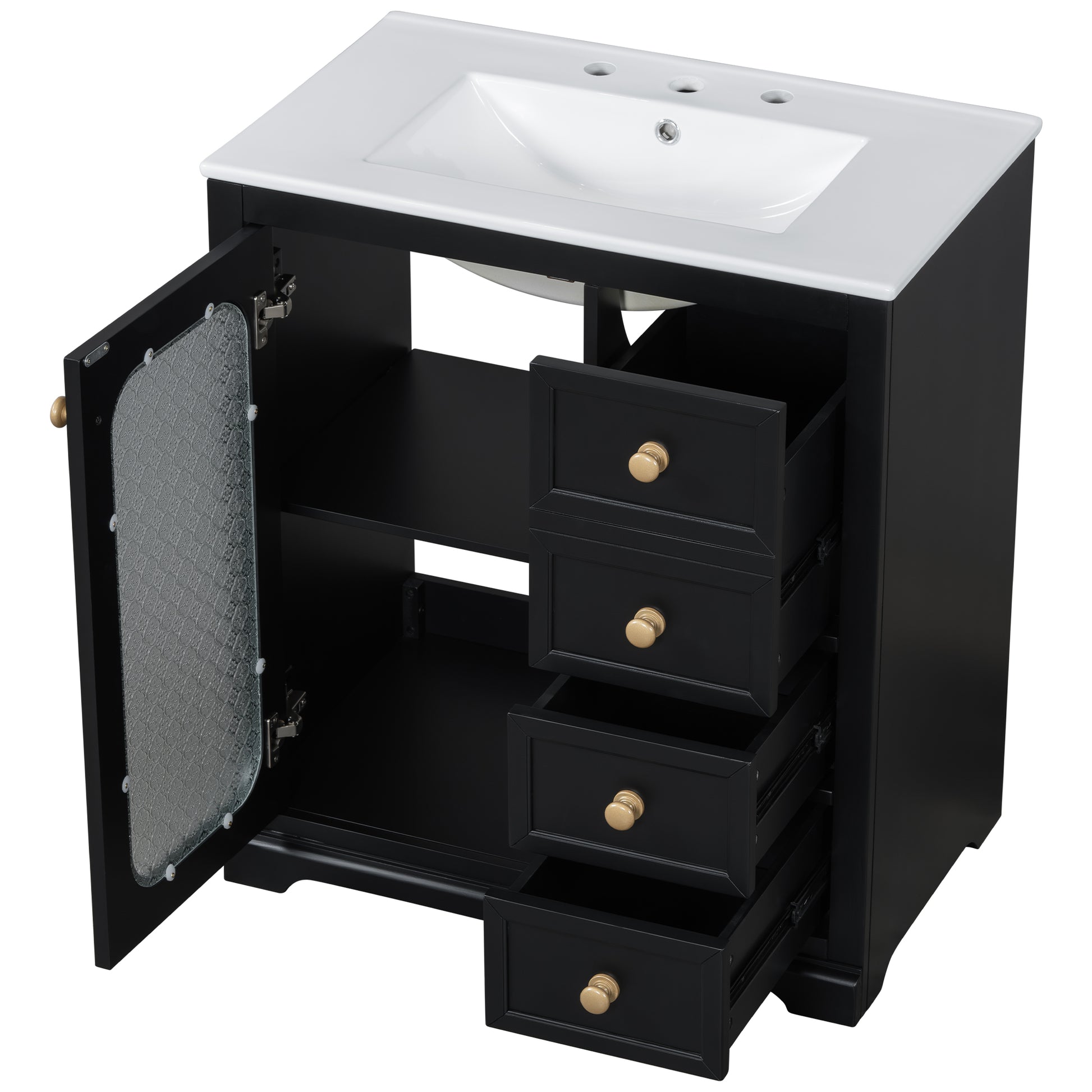 30 Inch Bathroom Vanity With A Soft Close Glass Door, Adjustable Shelves, And Three Drawers Black Bathroom Solid Wood Mdf Glass