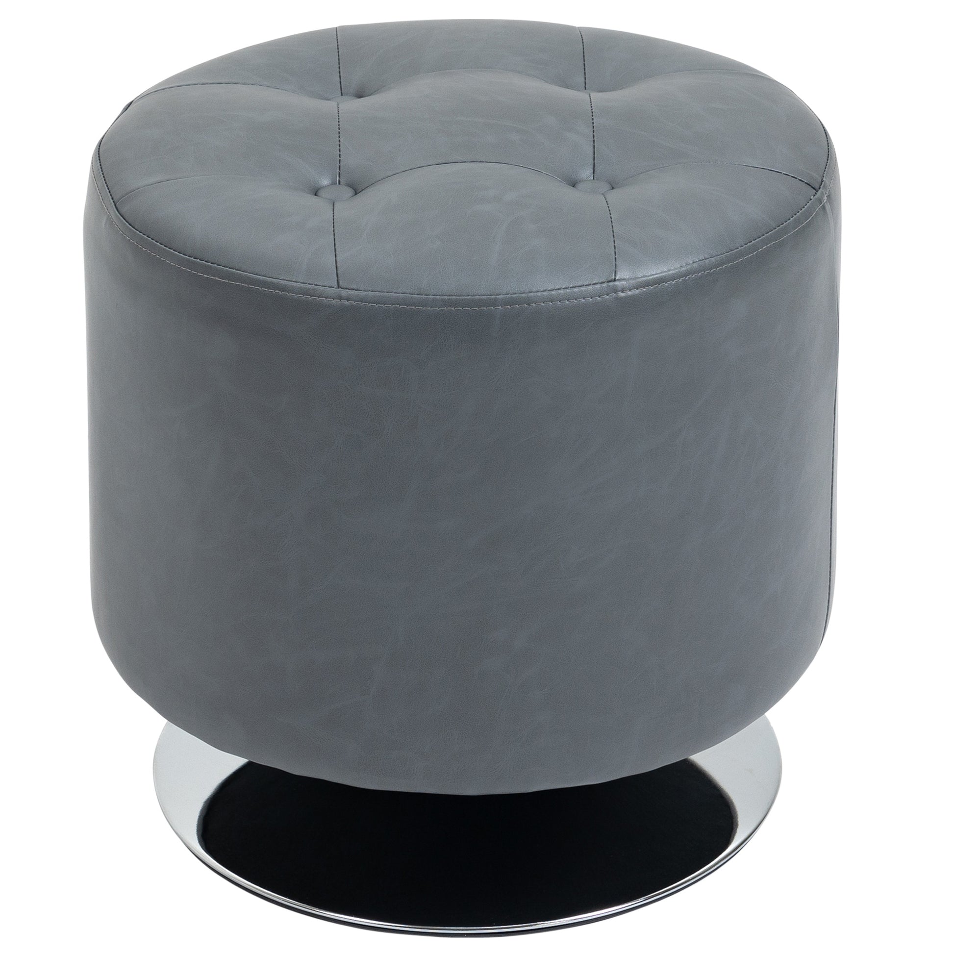 Homcom 360 Swivel Foot Stool Round Pu Ottoman With Thick Sponge Padding And Solid Steel Base, Grey Grey Steel