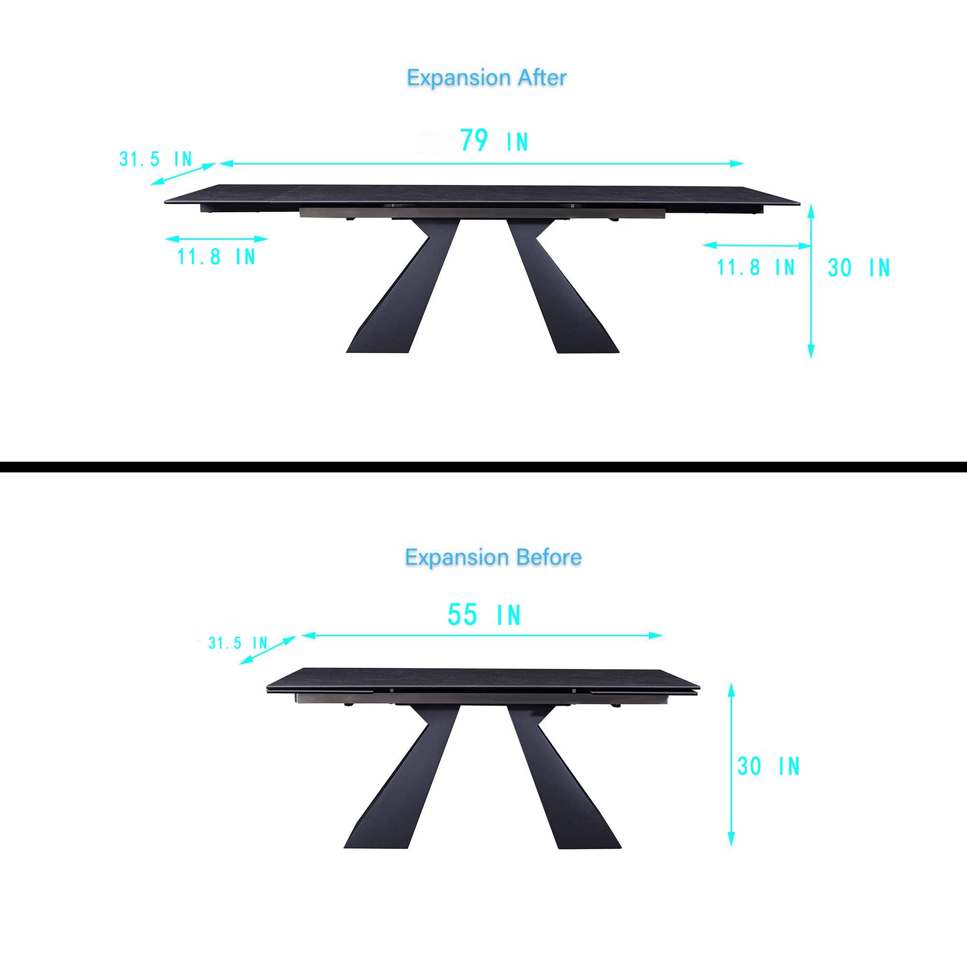 Modern Extendable Dining Table, Maximum Expanded 79", Antique White Sintered Stone Tabletop Dining Table With Black Carbon Steel Base, Rectangular Dining Room Table For 6 8 Matte White Freestanding Rectangular Carbon Steel Sintered Stone