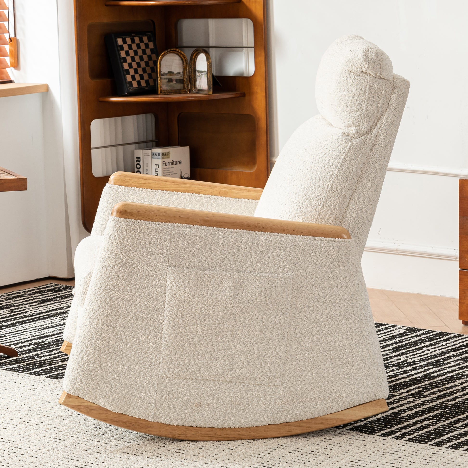 Accent Rocking Chair With Footrest High Back Rubber Wood Rocking Legs Bedroom Living Space 38.6D X 26.8W X 40.6H Inch Beige Wood