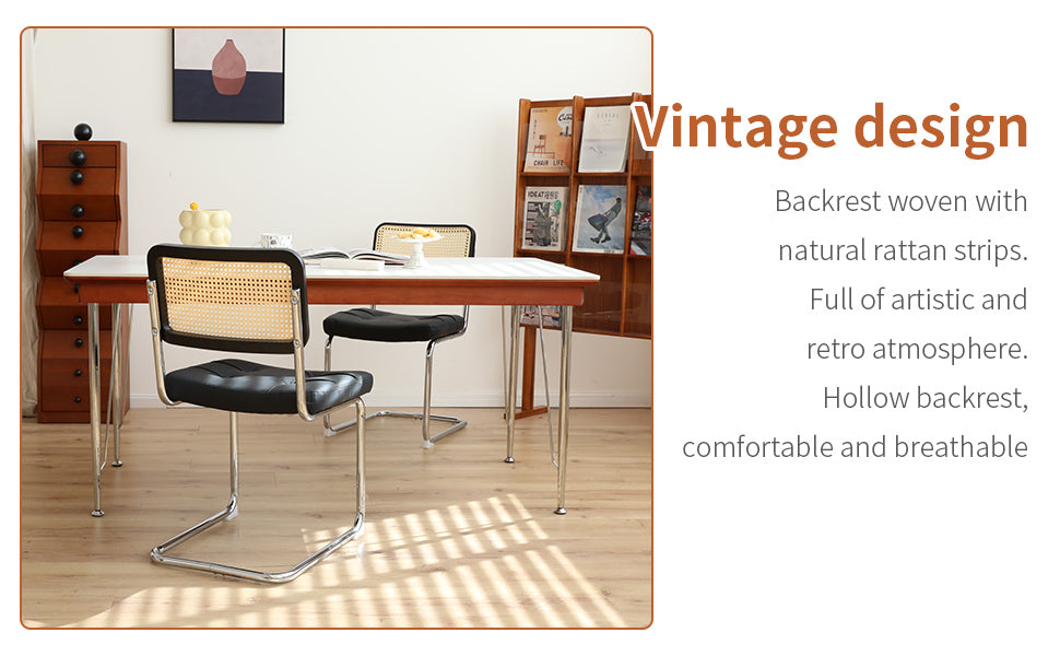 Dining Chairs Set Of 2, Fauex Leather Rattan Side Accent Chairs With Chrome Legs, Modern Mid Century Breuer Designed Chairs, Upholstered Dining Living Room Kitchen Chairs Black 2Pcs Black Faux