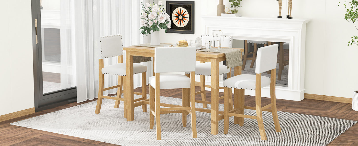 5 Piece Counter Height Dining Set, Classic Elegant Table And 4 Chairs In Natural Wood Wash Natural Wood Wash Solid Wood