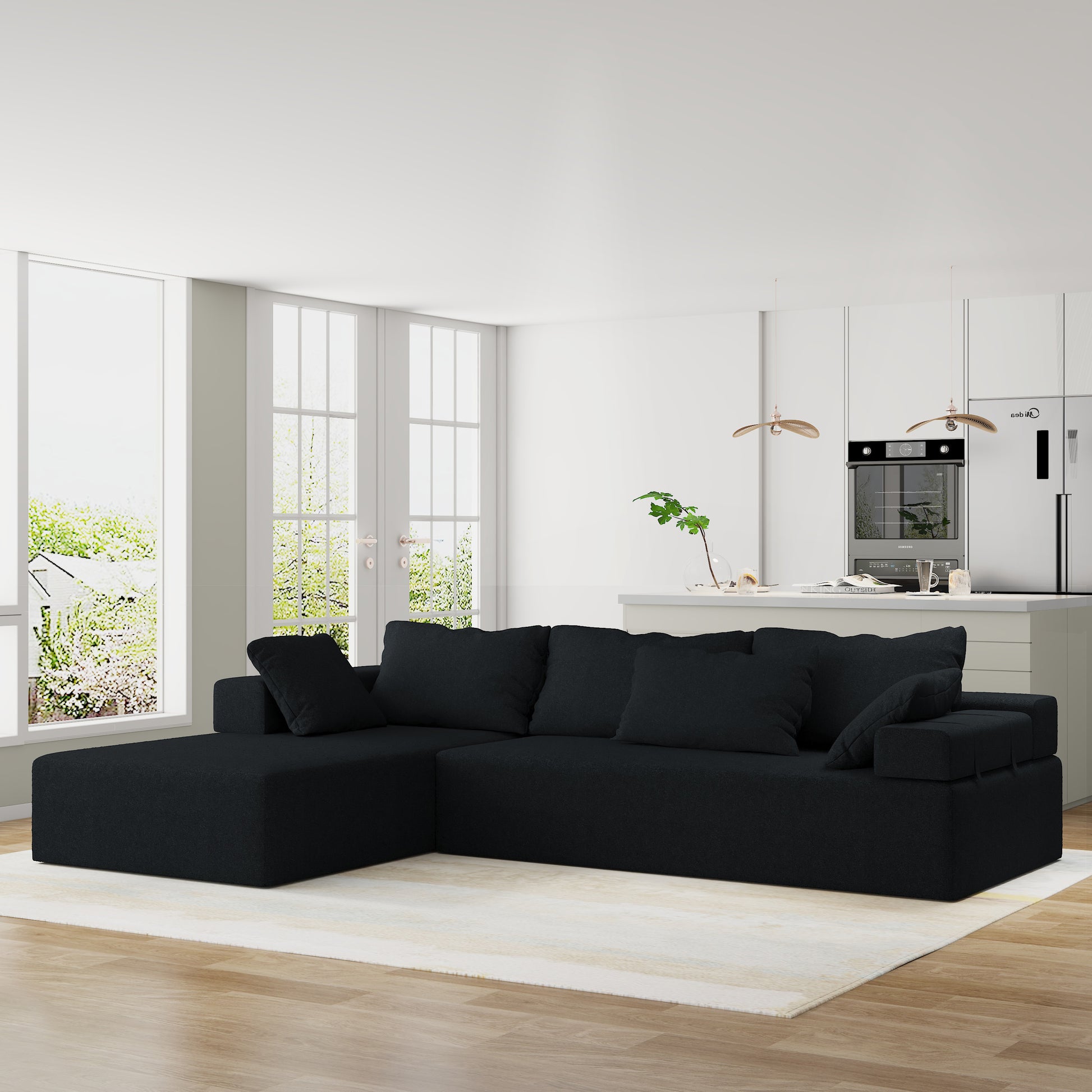 Modern Upholstered Sectional Sofa Couch Set,Modular 108" L Shaped Sectional Living Room Sofa Set With 6 Pillows,Free Combination Sofa Couch For Living Room,Bedroom Left Chaise Black Foam Chenille 3 Seat