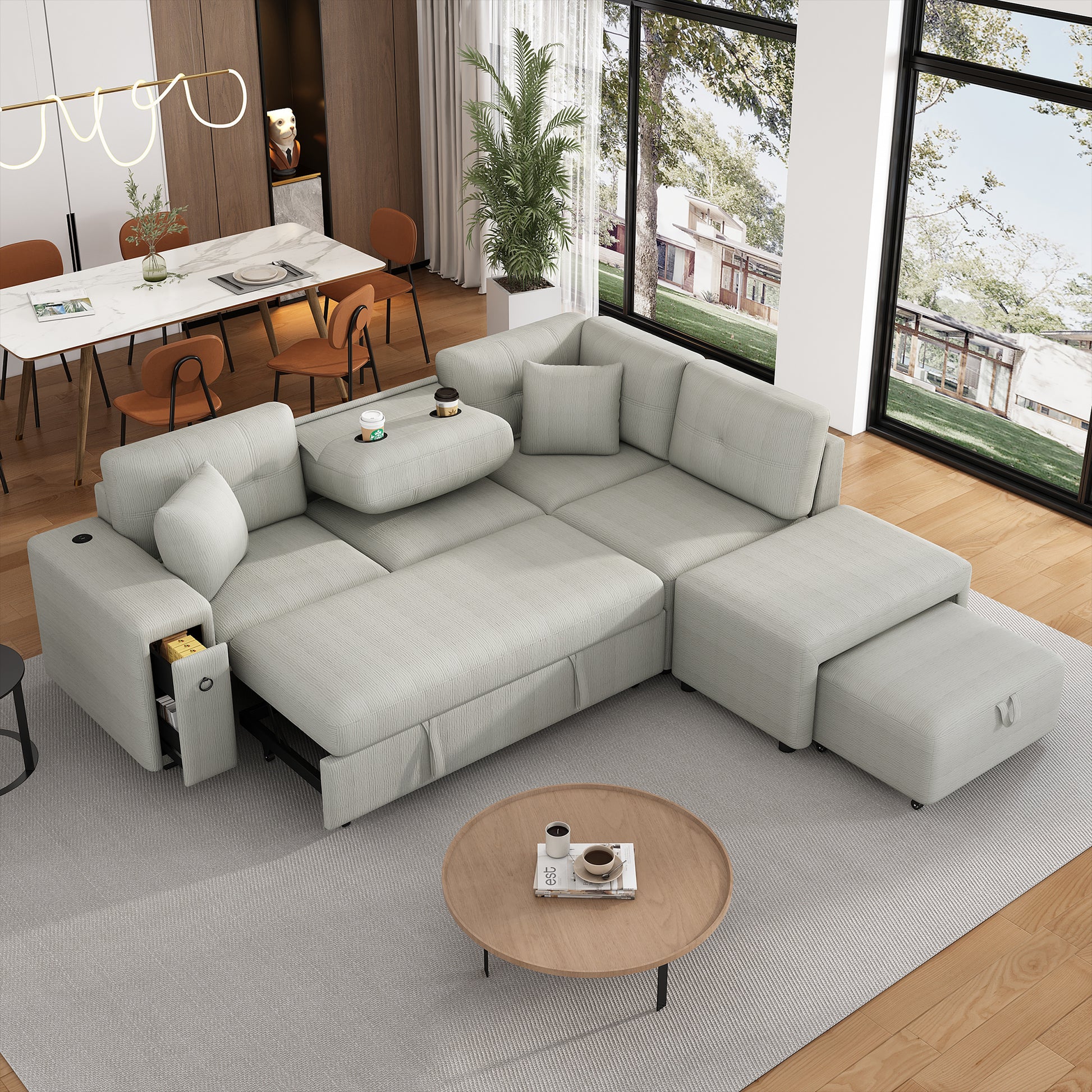 86.6" Sectional Sofa L Shaped Sofa Couch Pull Out Sofa Bed With A Movable Ottoman, Two Usb Ports And Two Cup Holders For Living Room, Gray Grey Foam Chenille 4 Seat