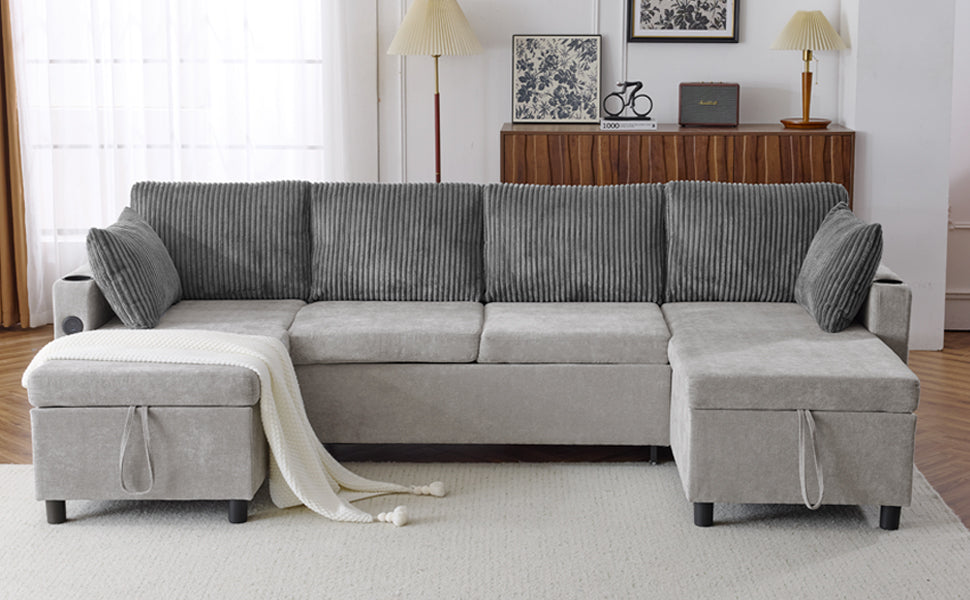 111.8" Sectional Sofa Pull Out Sofa Bed Versatile Sofa Sleeper With Large Storage Space, Two Usb Ports And Two Cup Holders For Living Room, Grey Grey Foam Chenille 4 Seat