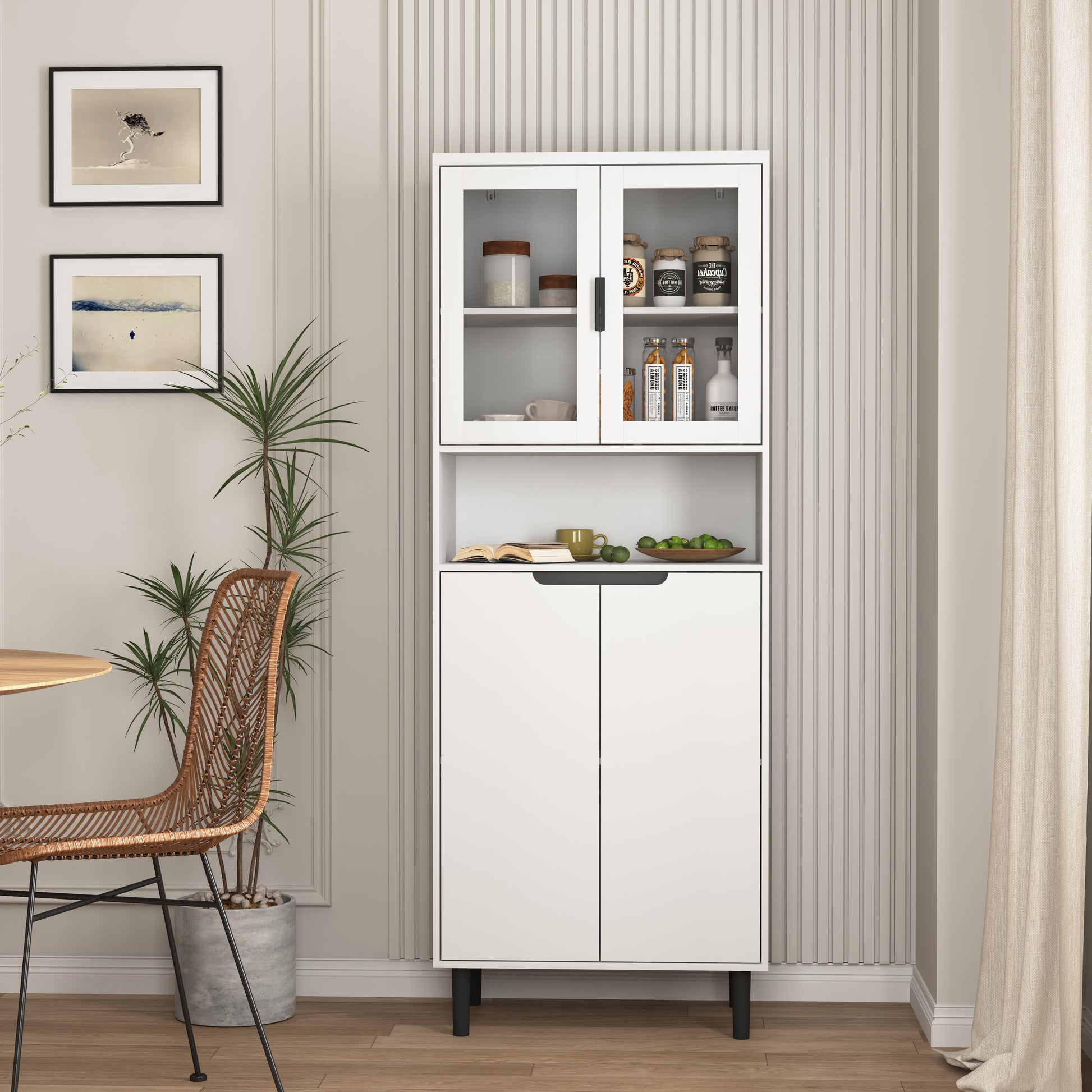 Tall Storage Show Cabinet With 2 Glass Display Door & 2 Doors, Tall Kitchen Pantry Cabinet With Gold Handles, Modern Cabinet Freestanding For Bathroom, Dining Living Room, White White Mdf