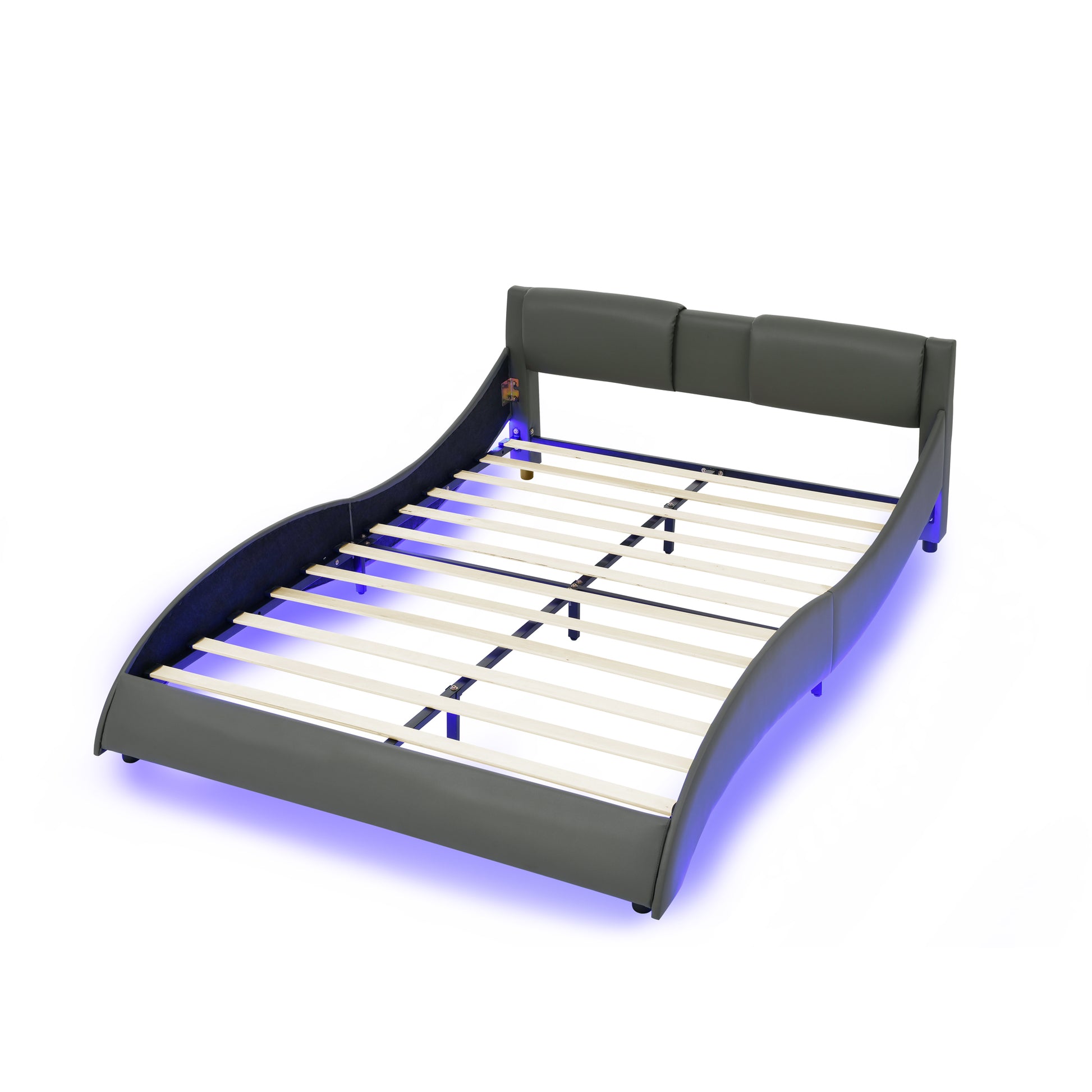 Queen Led Bed Frame Modern Faux Leather Upholstered Platform Bed Frame With Rgb Led Lights And Headboard Wave Like Curve Low Profile Bed Frame,Wood Slats Support,Easy Assembly, Grey Queen Grey Pu