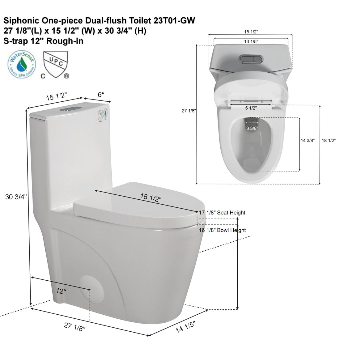 1.1 1.6 Gpf Dual Flush 1 Piece Elongated Toilet With Soft Close Seat Gloss White, Water Saving, Modern, Stylish Design 23T01 Gw Gloss White Ceramic