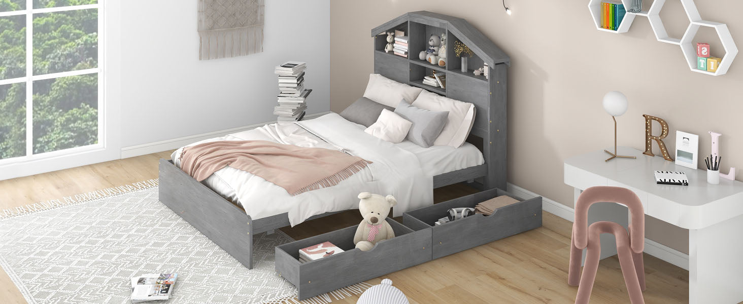 Full Size Wood Platform Bed With House Shaped Storage Headboard And 2 Drawers, Gray Box Spring Not Required Full Gray Wood Bedroom Solid Wood Mdf