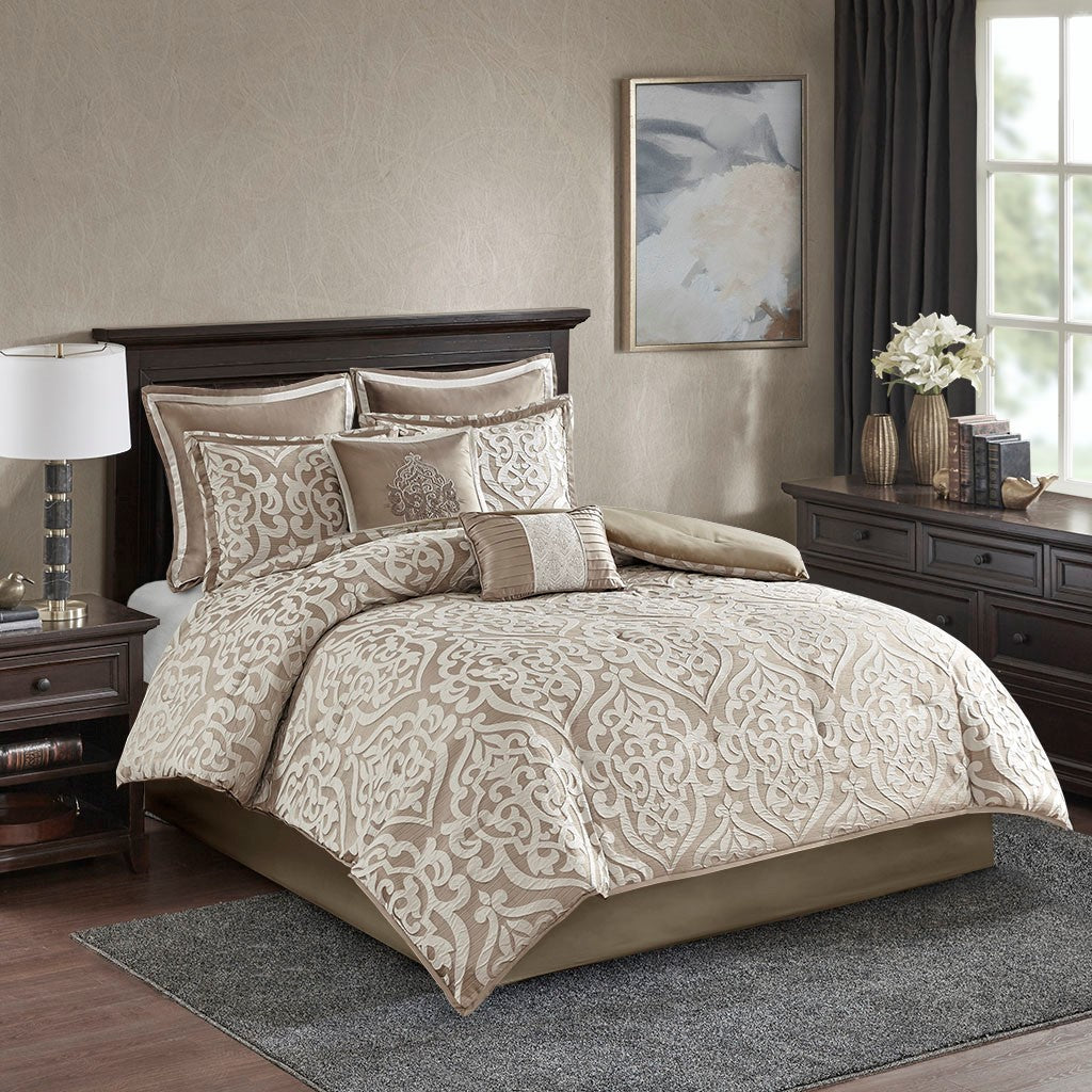 8 Piece Jacquard Comforter Set Tan Ivory Queen Queen Tan Ivory Polyester