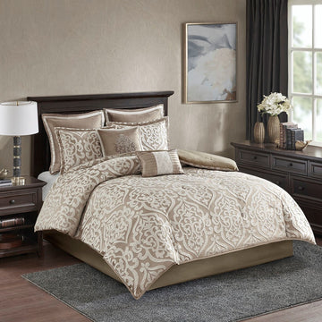 8 Piece Jacquard Comforter Set Tan Ivory Queen Queen Tan Ivory Polyester