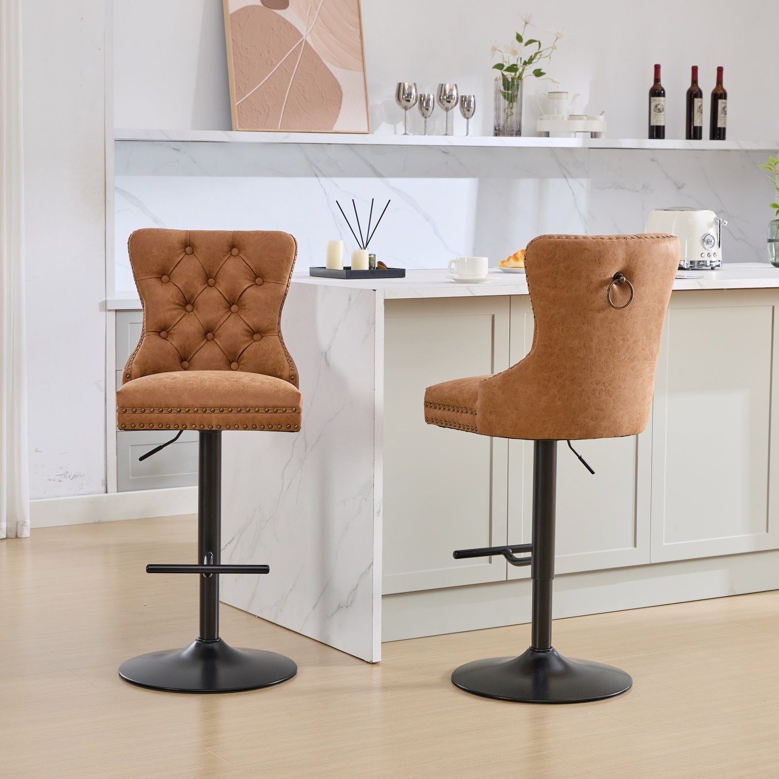 Aged And Retro Pu Swivel Barstools Adjusatble Seat Height From 25 33 Inch, Modern Bar Stools With Backs Comfortable Tufted For Home Pub And Kitchen Island Orange,Set Of 2 Orange American Design Bar Stools Set Of 2 Foam Pu Leather