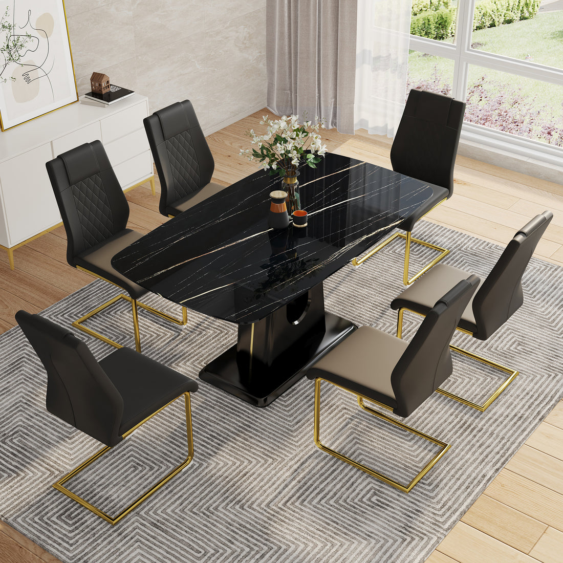 Table And Chair Set, Minimalist Dining Table, Imitation Marble Patterned Glass Tabletop, Mdf Legs With U Shaped Brackets. Paired With Comfortable Chairs, Suitable For Dining And Living Rooms. Black Gold Mdf Glass