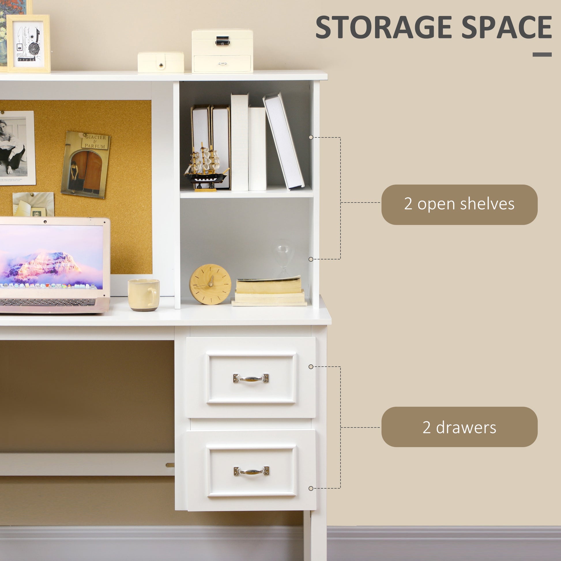 Homcom Computer Desk With Drawers & Shelves, Home Office Desk With Storage & Corkboard, Workstation Table With Cable Hole, White White Mdf
